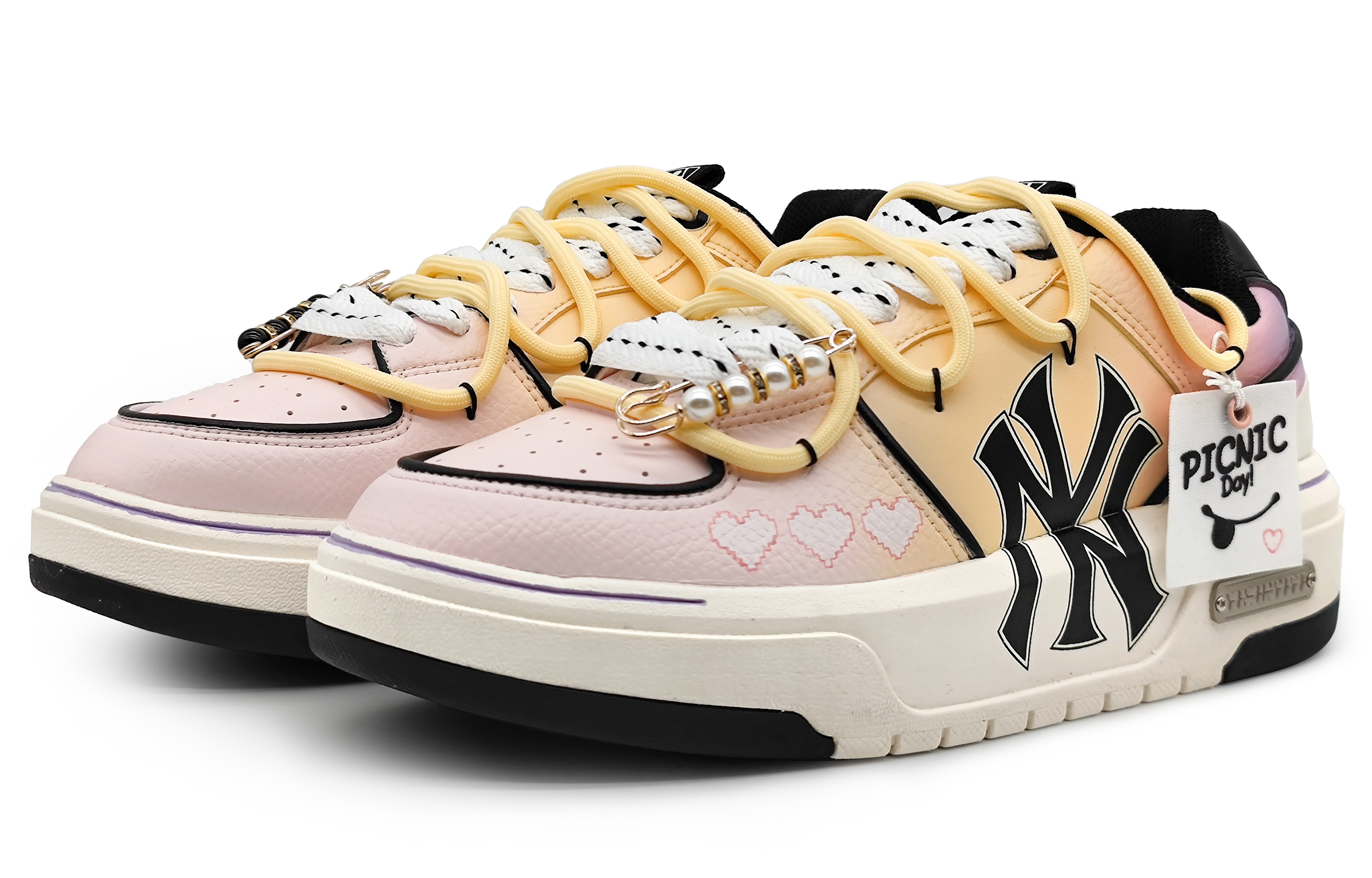 Lookbook 【定製球鞋】 MLB 紐約洋基隊 數碼愛心 漸變解構 刺繡標籤 可拆卸 增高 低筒 板鞋 男女同款 黃粉紫
