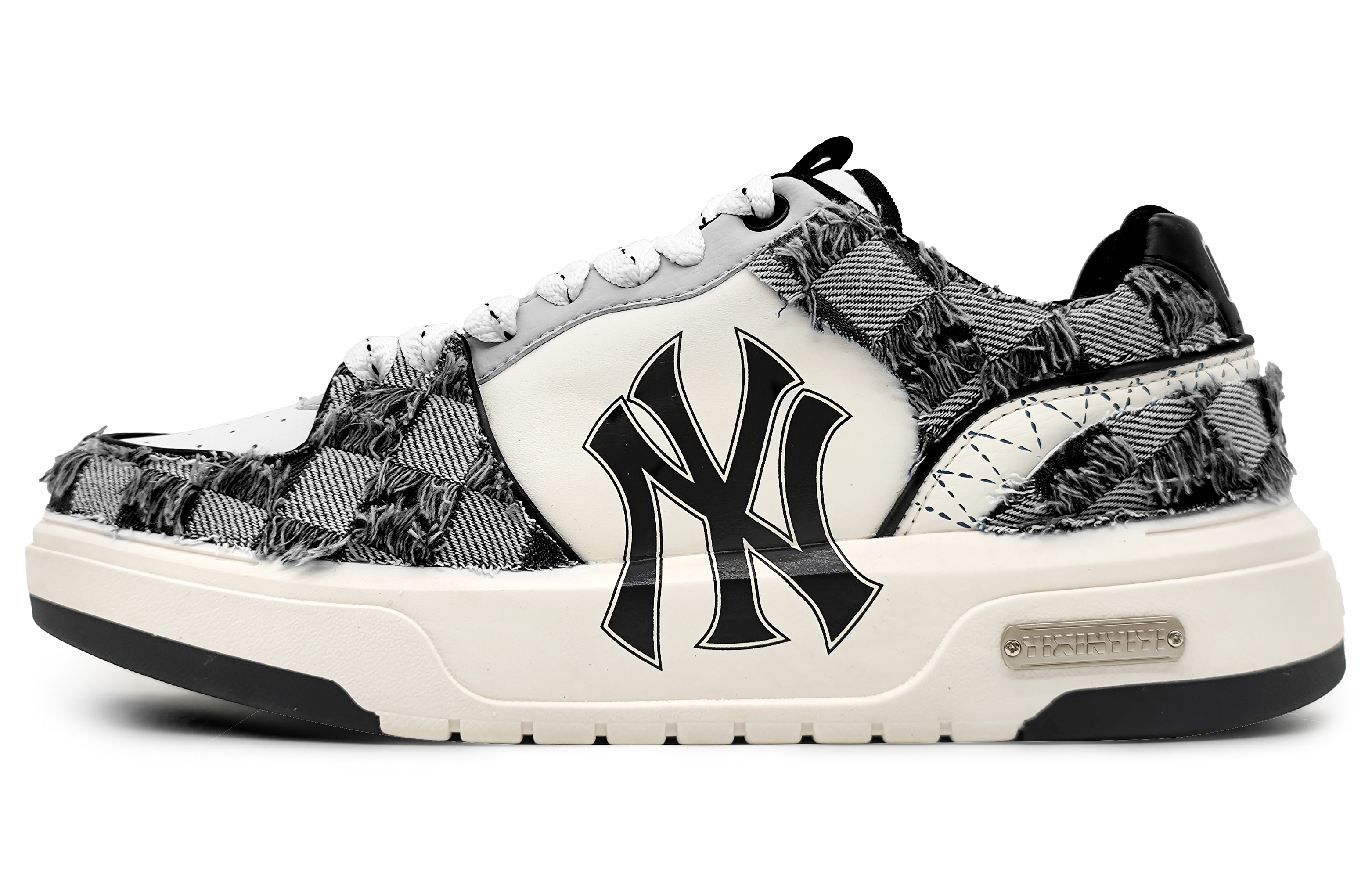 Buy 【訂製籃球鞋】MLB 紐約洋基隊 西部牛仔 棋盤格提花牛仔布貼 增高 低筒 板鞋 男女同款 米黑