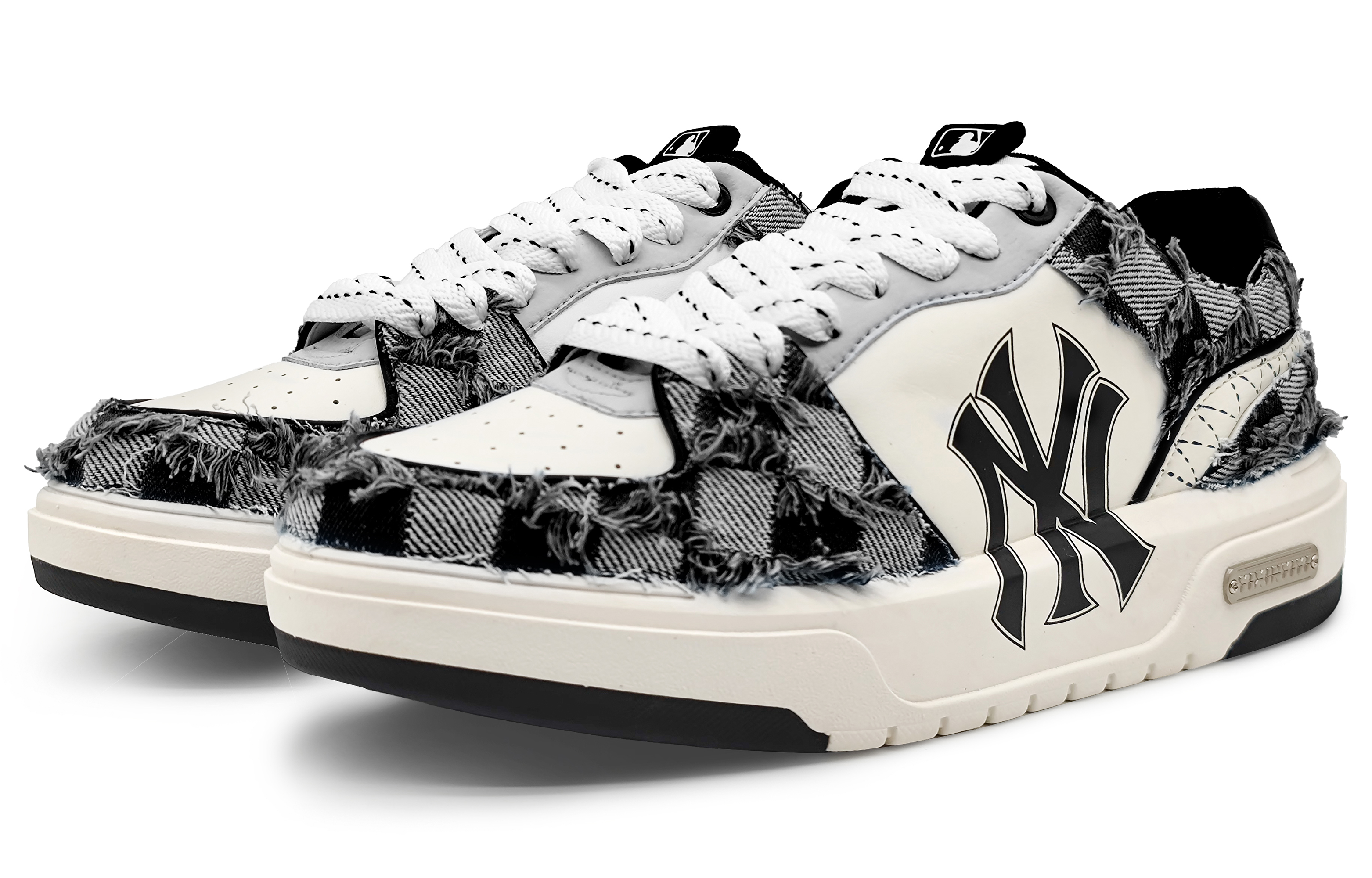 Lookbook 【訂製籃球鞋】MLB 紐約洋基隊 西部牛仔 棋盤格提花牛仔布貼 增高 低筒 板鞋 男女同款 米黑