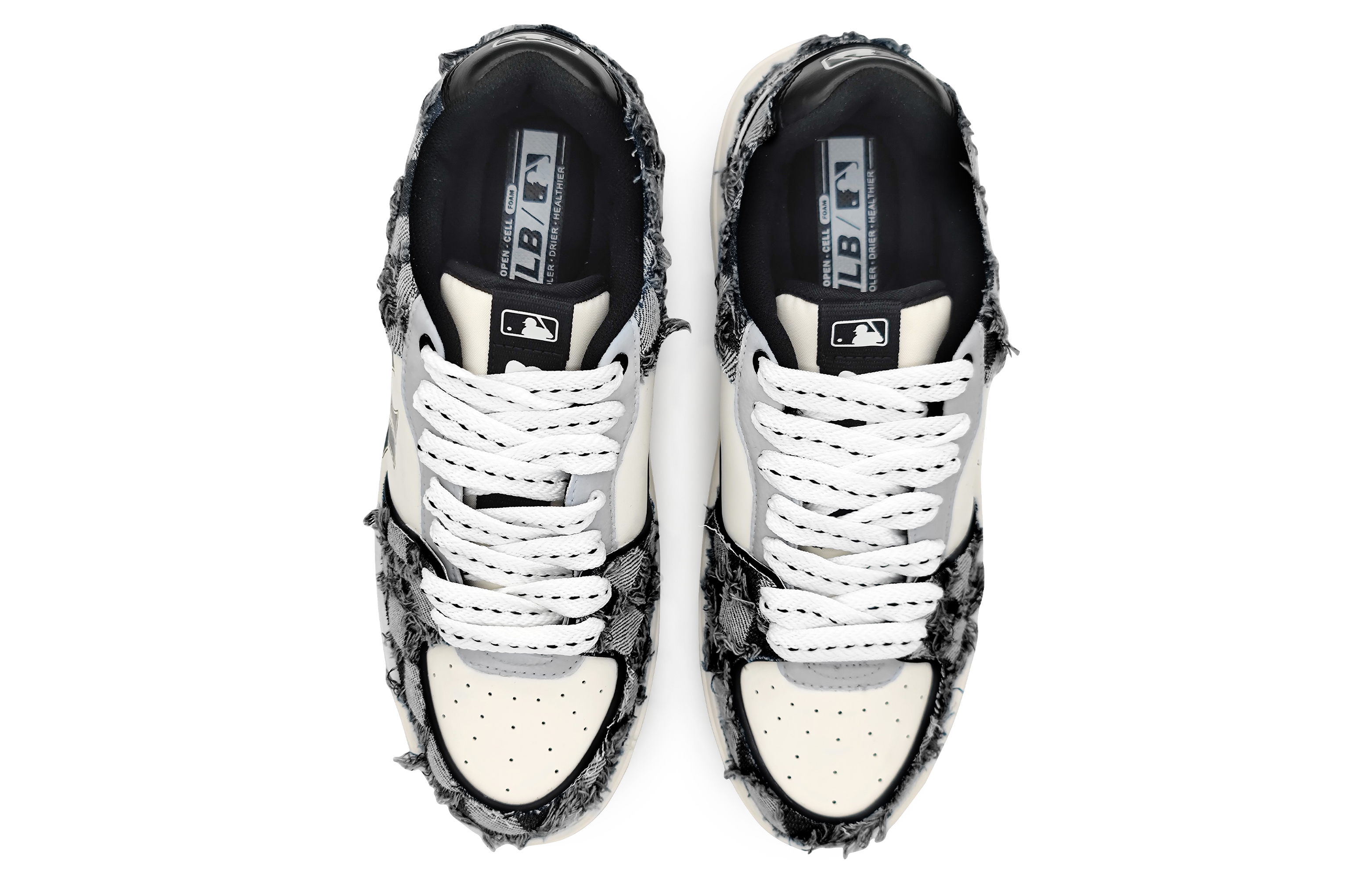 Shop 【訂製籃球鞋】MLB 紐約洋基隊 西部牛仔 棋盤格提花牛仔布貼 增高 低筒 板鞋 男女同款 米黑