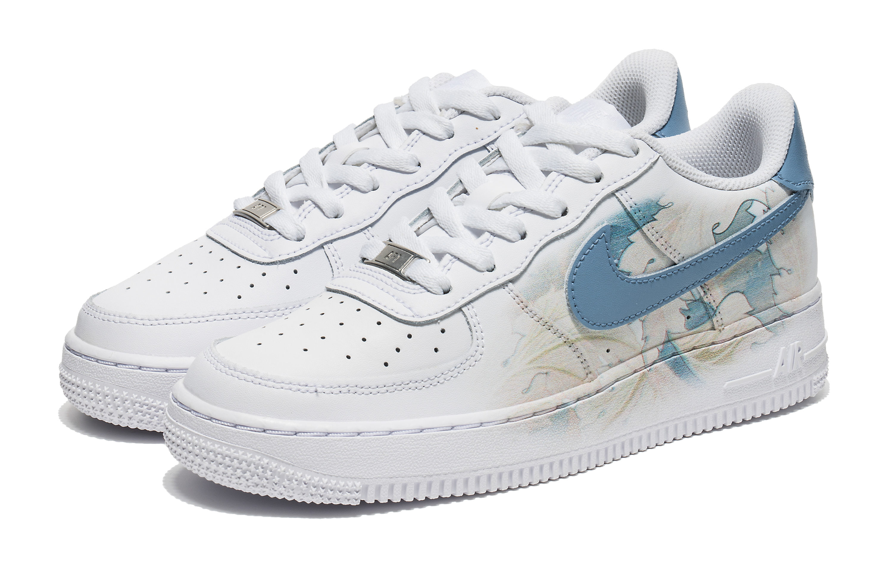 Shop 【訂製球鞋】Nike Air Force 1 空軍一號 野鶴製造 油畫風 雨後輕語 百合 清新 耐磨增高 低筒 板鞋 GS 白藍