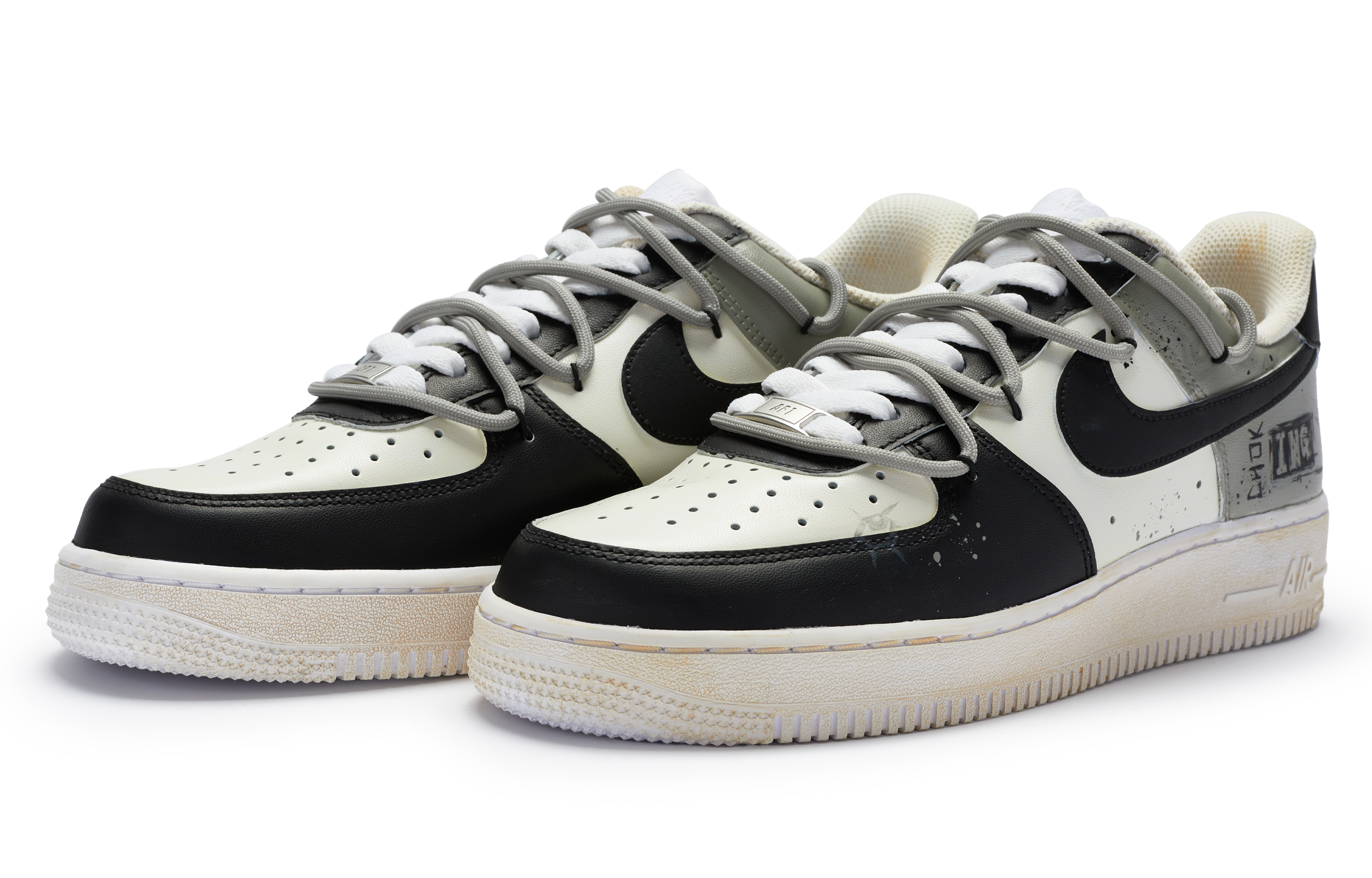 Lookbook [Kasut Custom] Nike Air Force 1 Low 'BIGNIU Silent Emotion Hitam Putih Kelabu' CW2288-111(TeamR-男款无声缠绕)