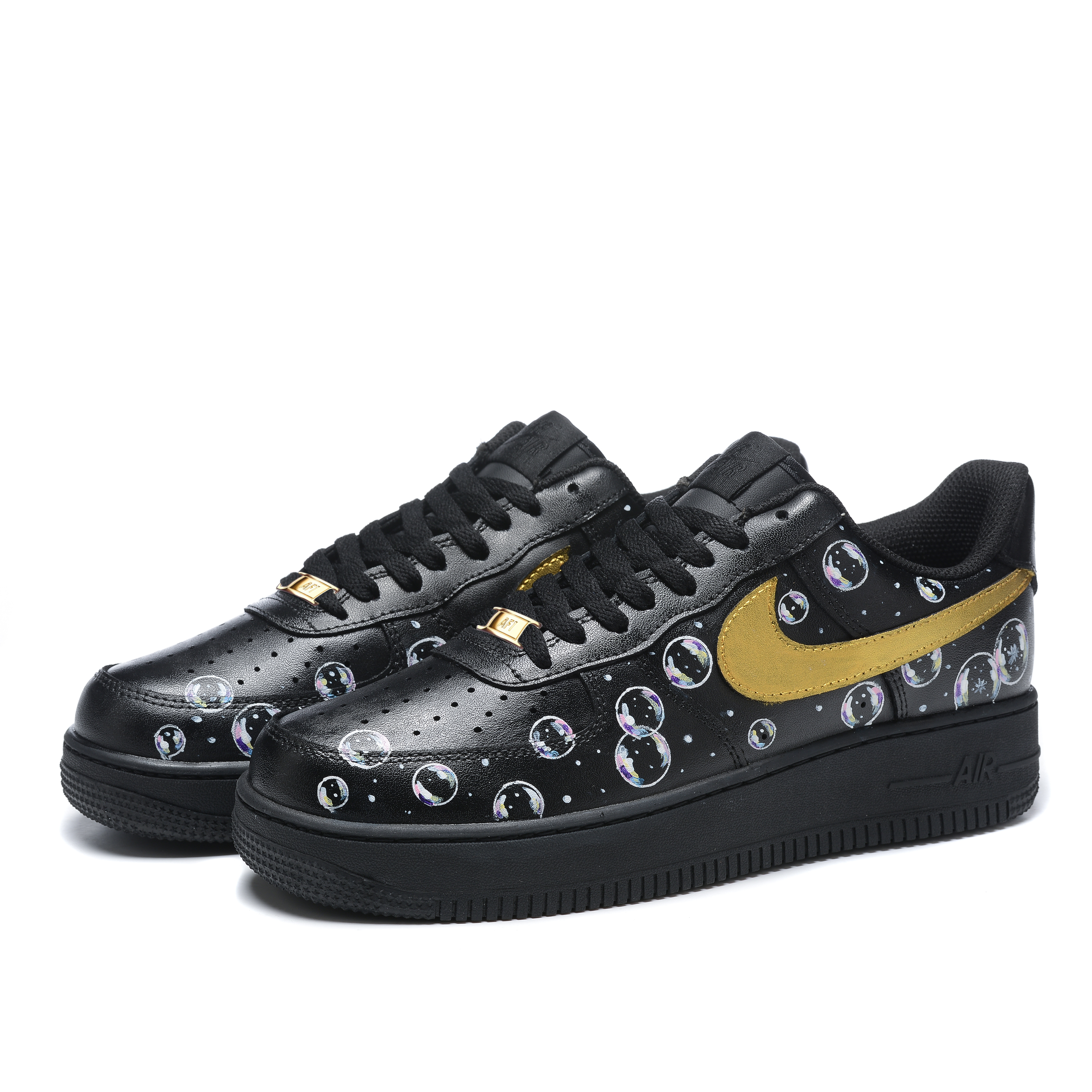 Lookbook 나이키 에어포스 1 로우 '블랙 골드 버블' (커스텀) CW2288-001(Team54--男女同款黑金气泡)