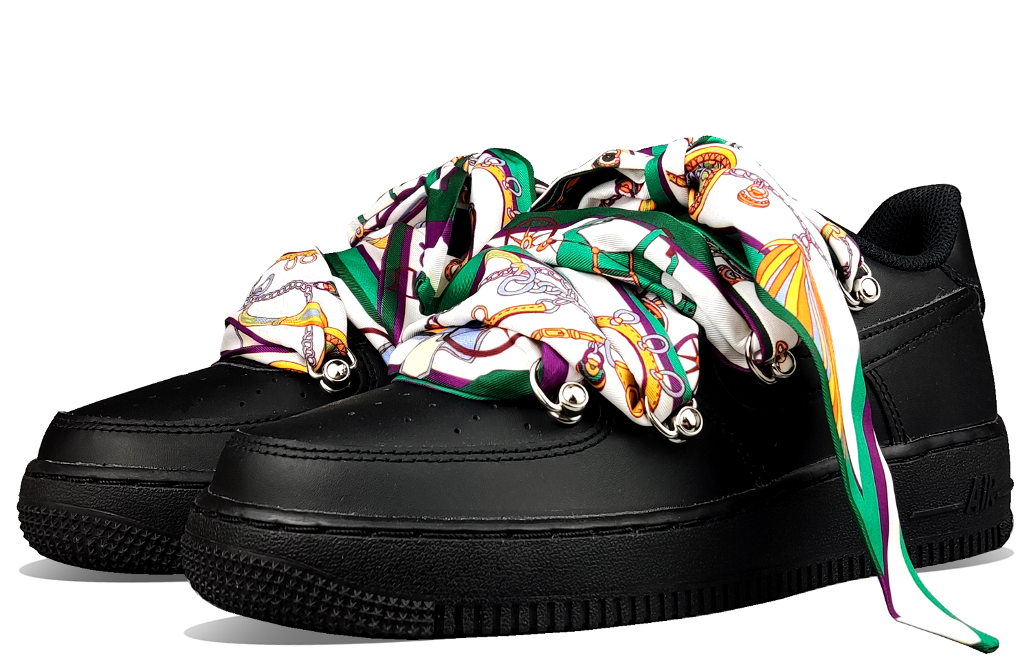 Lookbook カスタム Nike AF1 ロー "黒シルク 解体" DH2920-001(Team50-绿丝绸空军黑QD)