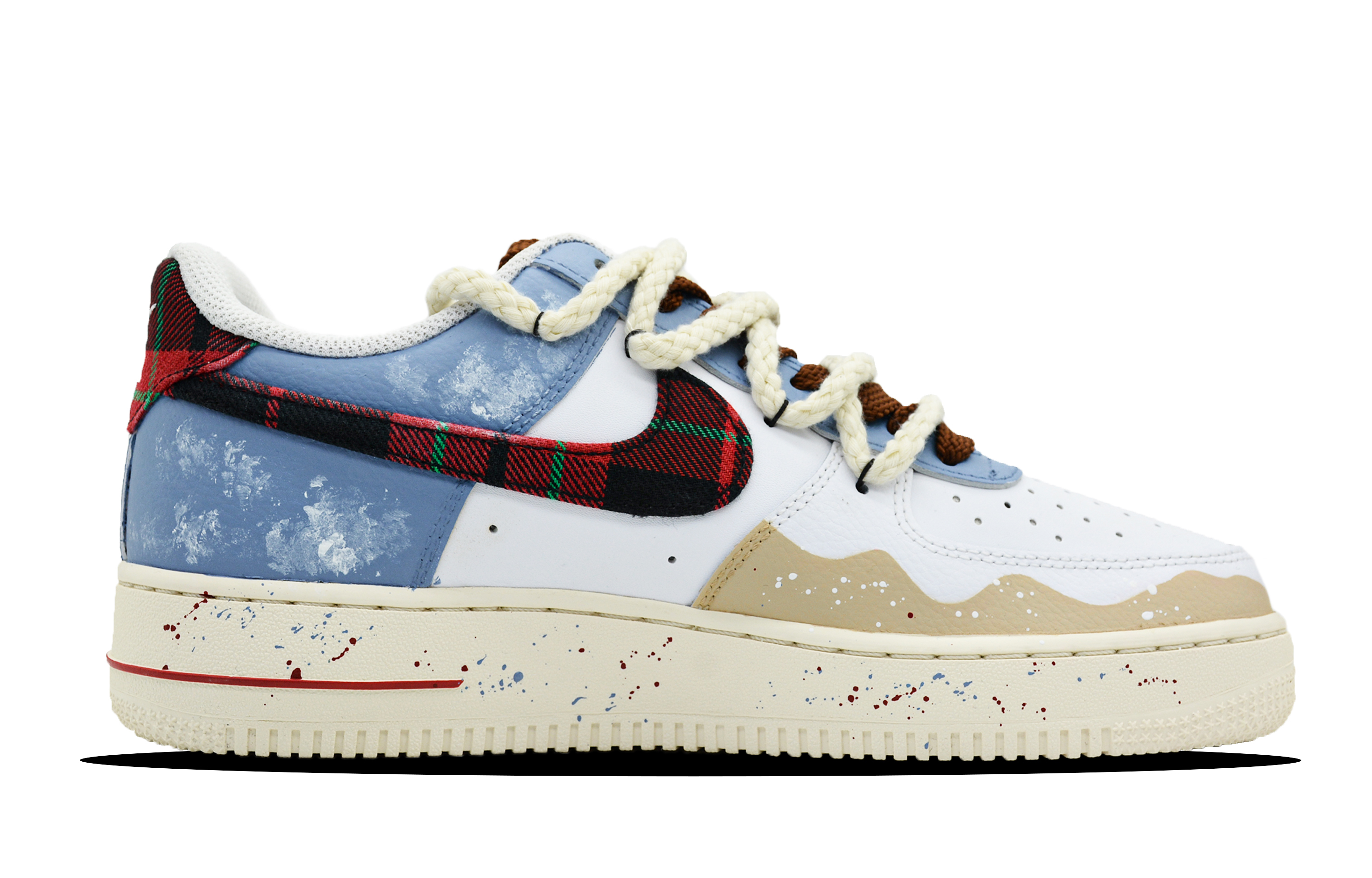 Lookbook Kasut Custom Nike Air Force 1 Rendah 'Christmas Party Karamel Biru Merah' DV0789-100(Team28-男款圣诞派对)