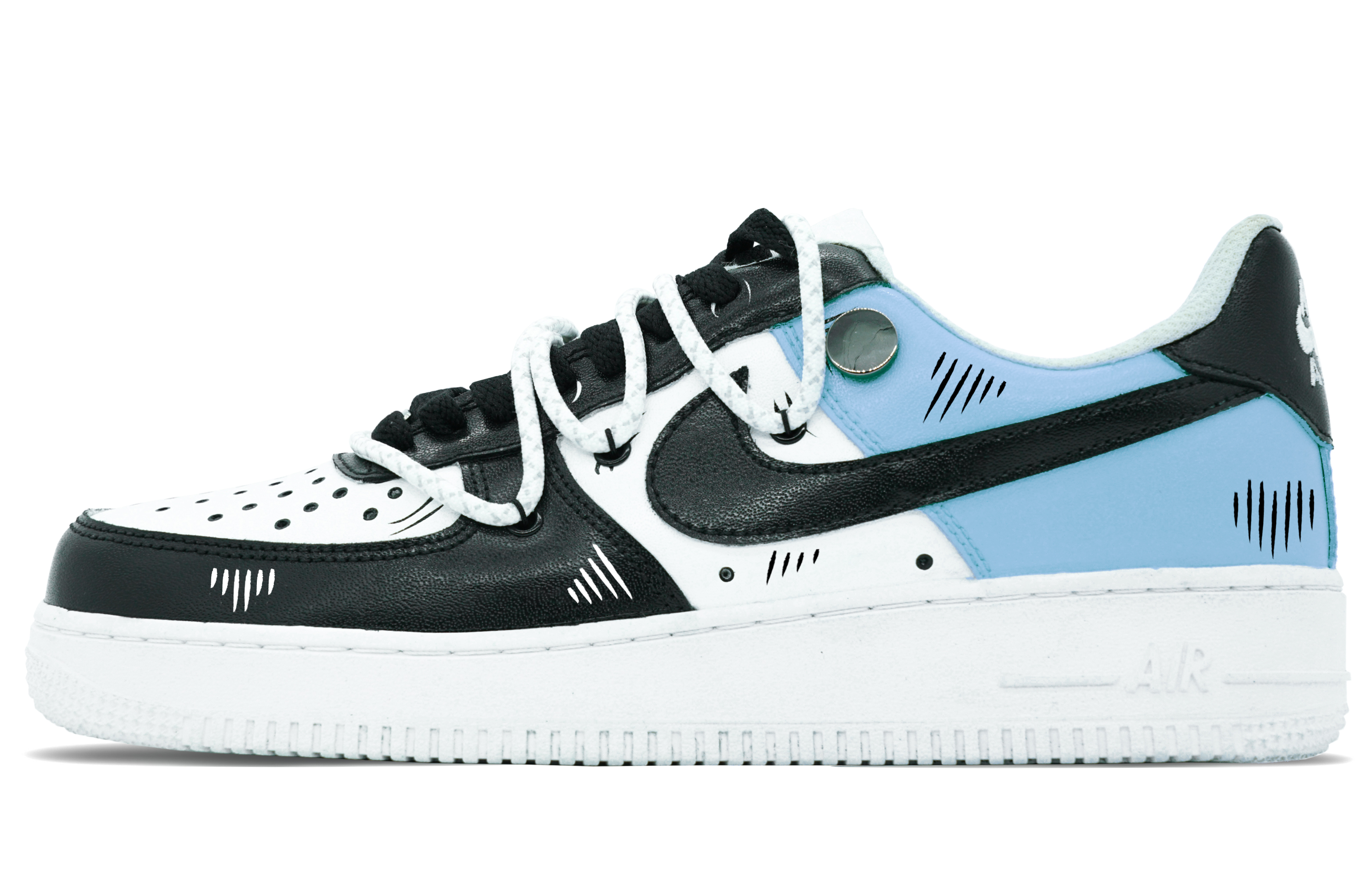 Buy 【定制球鞋】Nike Air Force 1 Low 7 經典黑藍碰撞 二次元 手繪細線 電鍍金屬扣 壹心製造 低幫 板鞋 男款 白黑藍