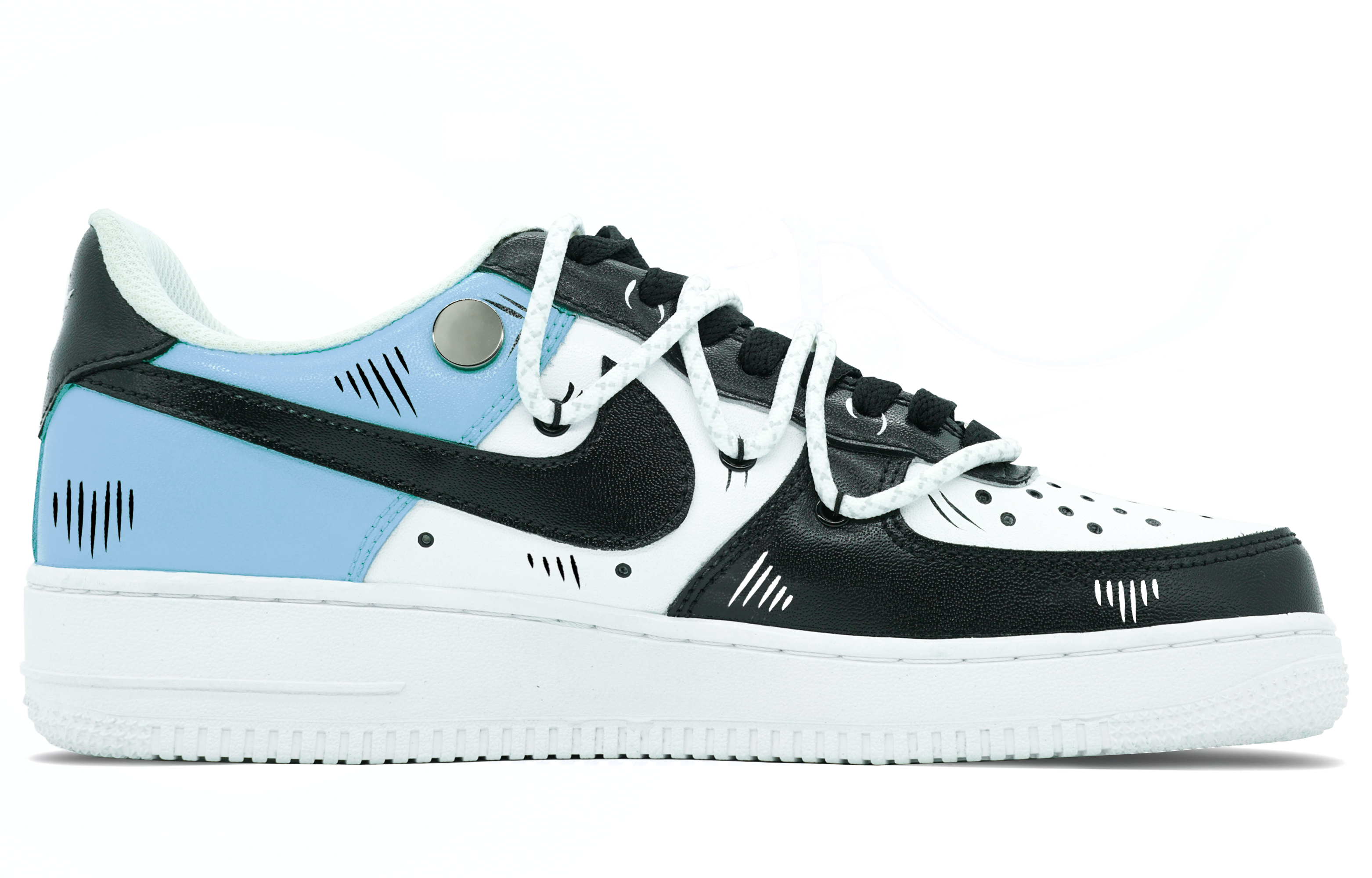 Order 【定制球鞋】Nike Air Force 1 Low 7 經典黑藍碰撞 二次元 手繪細線 電鍍金屬扣 壹心製造 低幫 板鞋 男款 白黑藍