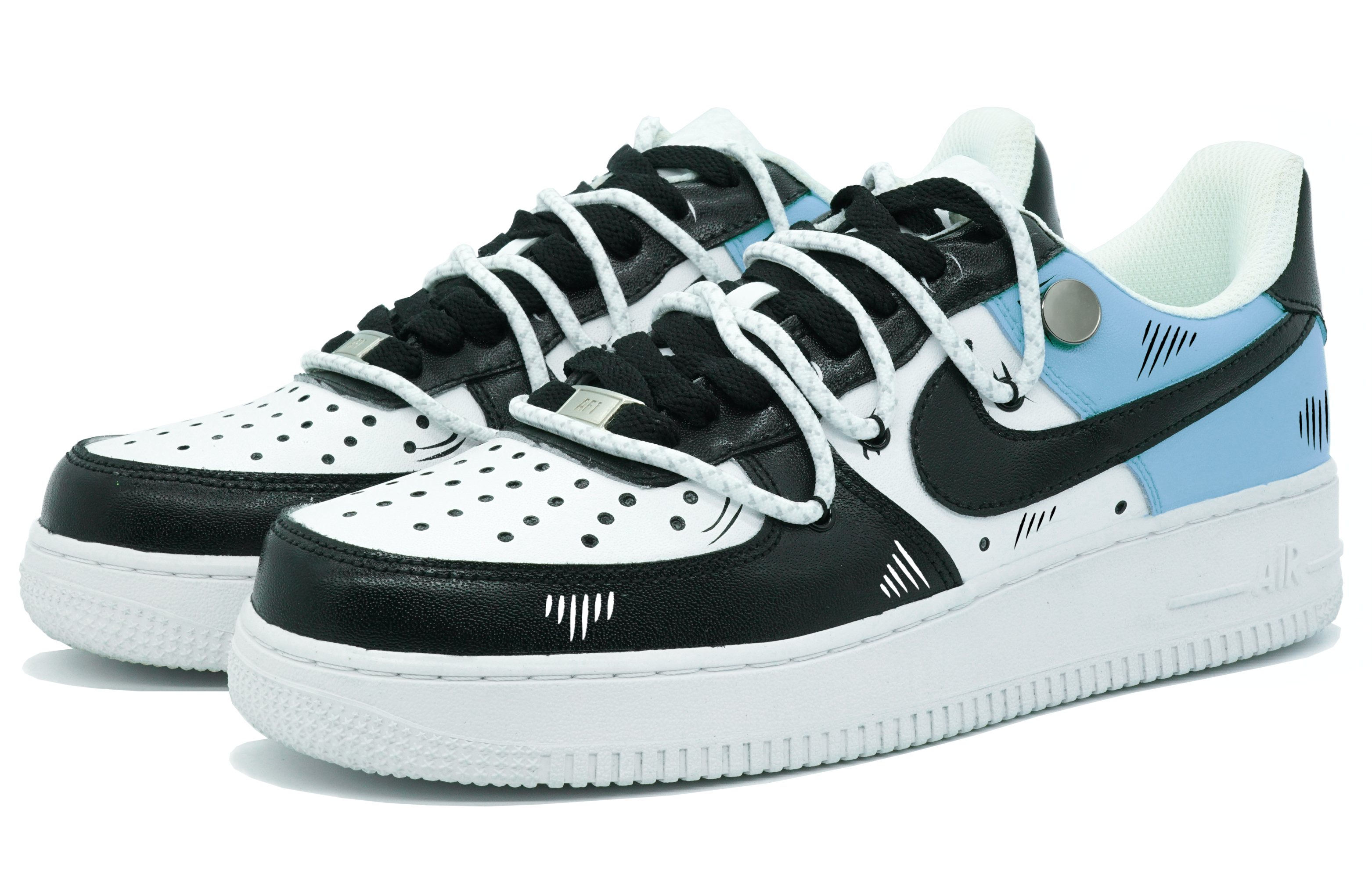 Lookbook 【定制球鞋】Nike Air Force 1 Low 7 經典黑藍碰撞 二次元 手繪細線 電鍍金屬扣 壹心製造 低幫 板鞋 男款 白黑藍
