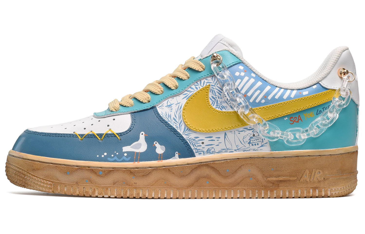 Buy 【定製球鞋】Nike Air Force 1 Low CUS DESIGN 手繪風景 海邊漫步 低幫 板鞋 男款 白藍黃