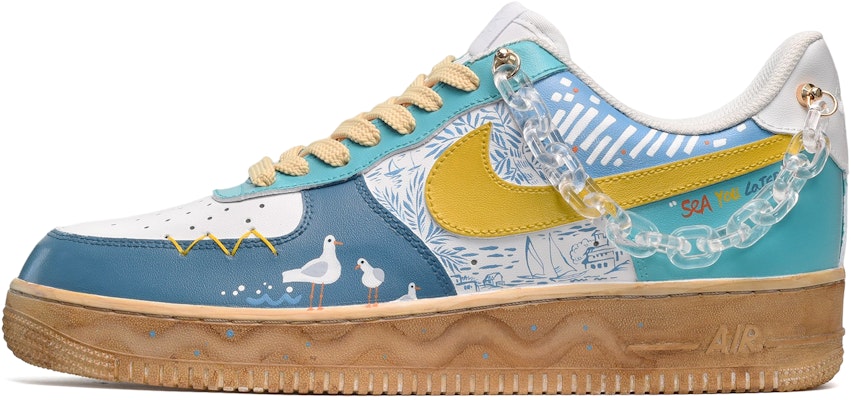 【定製球鞋】Nike Air Force 1 Low CUS DESIGN 手繪風景 海邊漫步 低幫 板鞋 男款 白藍黃 Buy 【定製球鞋】Nike Air Force 1 Low CUS DESIGN 手繪風景 海邊漫步 低幫 板鞋 男款 白藍黃