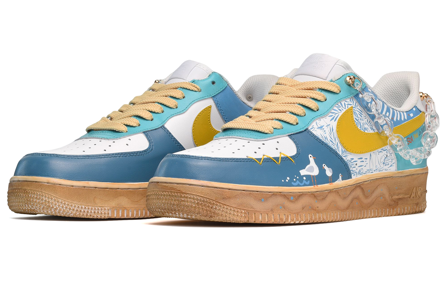 Lookbook 【定製球鞋】Nike Air Force 1 Low CUS DESIGN 手繪風景 海邊漫步 低幫 板鞋 男款 白藍黃