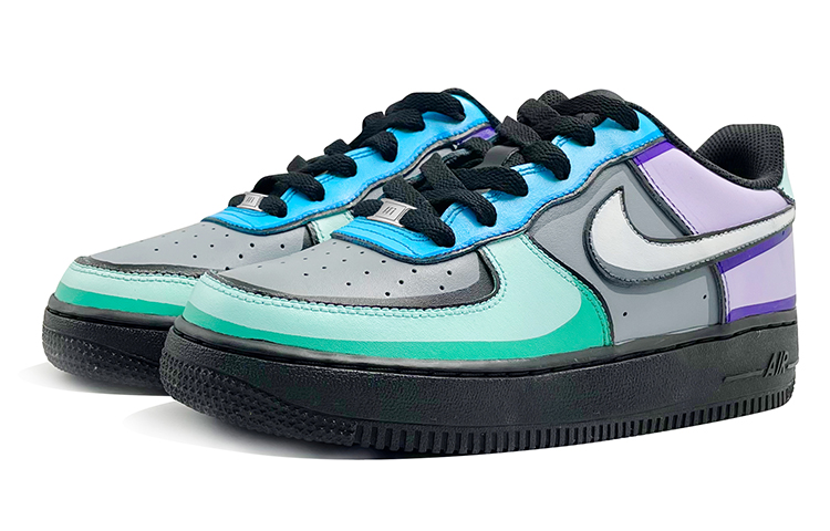 Lookbook 나이키 에어포스 1 로우 '커스텀 3D 그라피티 블랙 퍼플 그린' CW2288-001(Team-E男款3D手绘涂鸦黑紫绿)