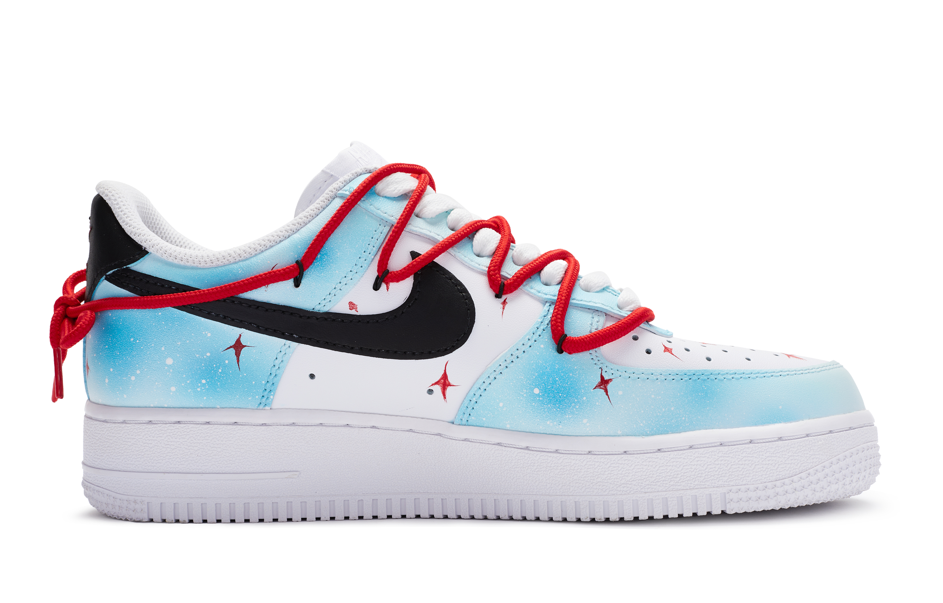 Order [Sepatu Custom] Nike Air Force 1 Low 'Galaxy Fall Biru Putih Merah Hitam Lukis Tangan' DH2920-111(TeamR-女款星球坠落)