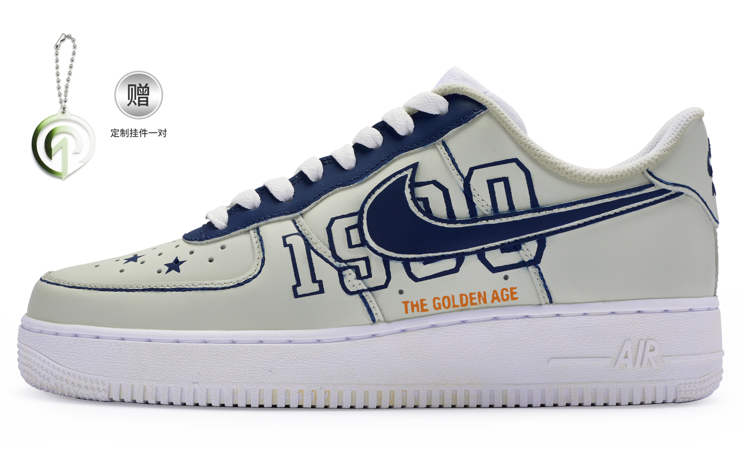 Buy [Kasut Custom] Nike Air Force 1 Rendah 'Golden Age University Custom Tangan Dicat' CW2288-111(Team80-男款黄金岁月米白蓝)