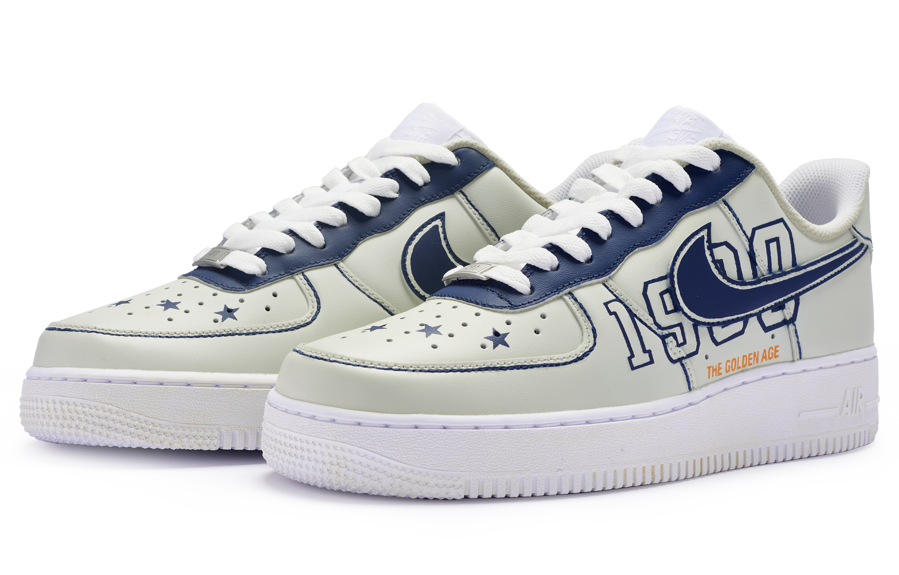 Lookbook [Kasut Custom] Nike Air Force 1 Rendah 'Golden Age University Custom Tangan Dicat' CW2288-111(Team80-男款黄金岁月米白蓝)