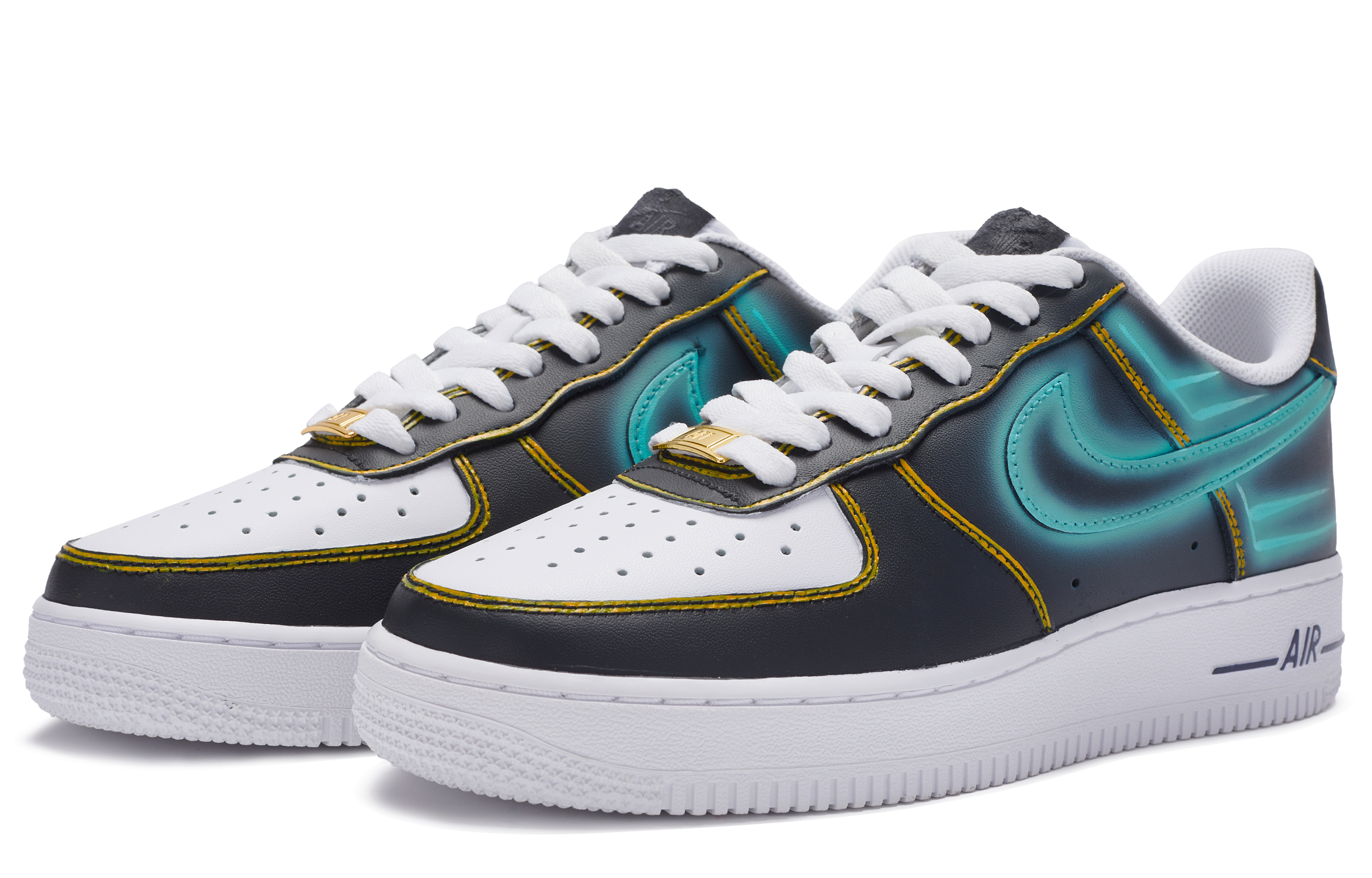 Lookbook [Sepatu Kustom] Nike Air Force 1 Low 'Graffiti Flames Hitam Putih Biru Kuning' CW2288-111(TeamR-男款0度火焰)