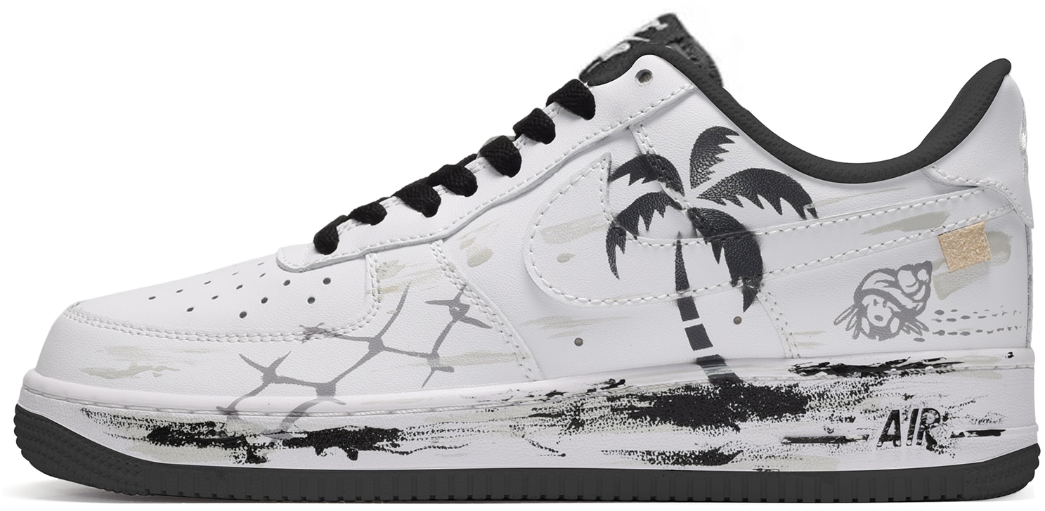 custom-shoes-nike-air-force-1-low-qixi-listening-sea-coconut-tree-black-white-grey