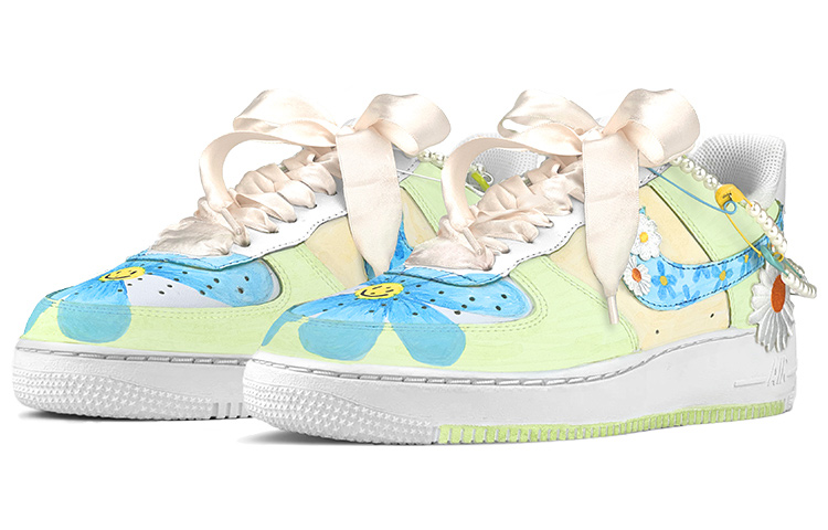 [Custom Shoes] Nike Air Force 1 Low 'Retro Girl Pearl Cream Green Avocado Blue Daisy Hand-Painted' 圖 3