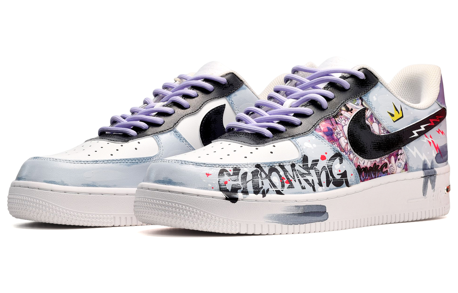 Lookbook [Kasut Custom] Nike Air Force 1 Low 'Street Graffiti Hitam Putih Biru' CW2288-111(TeamE-男款街头涂鸦黑白蓝)