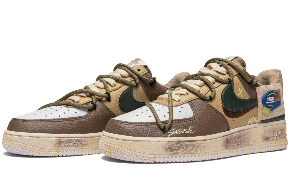 Lookbook 【客製球鞋】Nike Air Force 1 Low 街頭塗鴉 復古摩卡 拆解鞋帶 耐磨防滑 低筒 滑板鞋 男款 摩卡綠