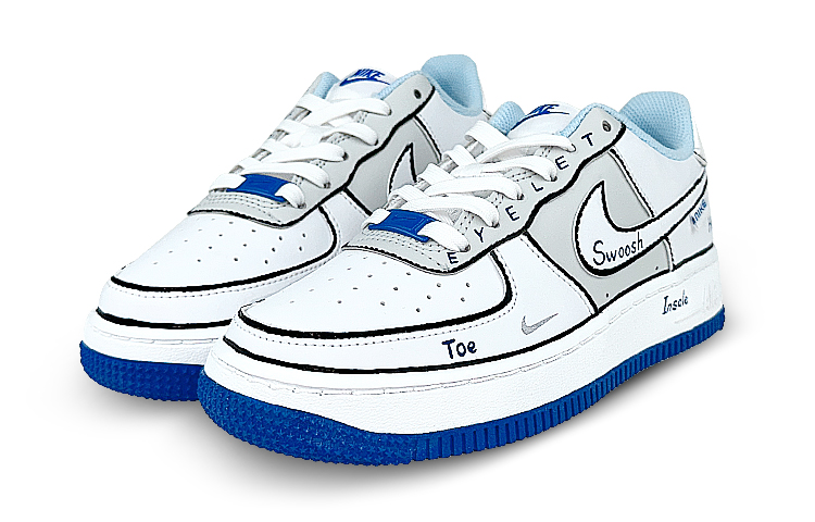 Lookbook [Kasut Ghazal] Nike Air Force 1 Rendah 'Putih Biru Grafiti' FB1844-111(Team47-女款位置结构)