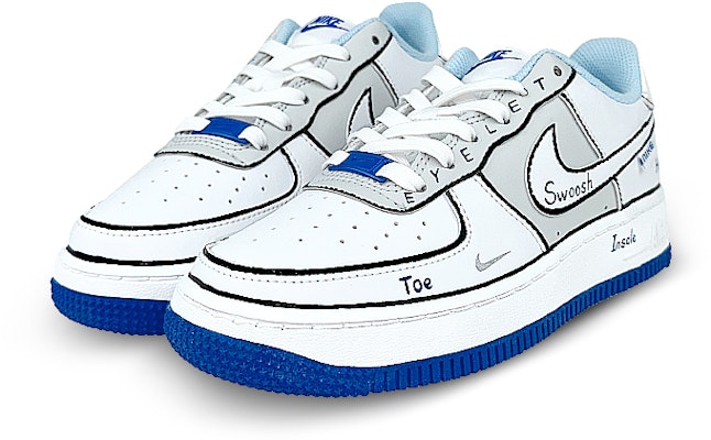 【客製化球鞋】 Nike Air Force 1 Low 二次元線條 個性塗鴉 位置結構 低筒 板鞋 GS 白藍 Lookbook 【客製化球鞋】 Nike Air Force 1 Low 二次元線條 個性塗鴉 位置結構 低筒 板鞋 GS 白藍