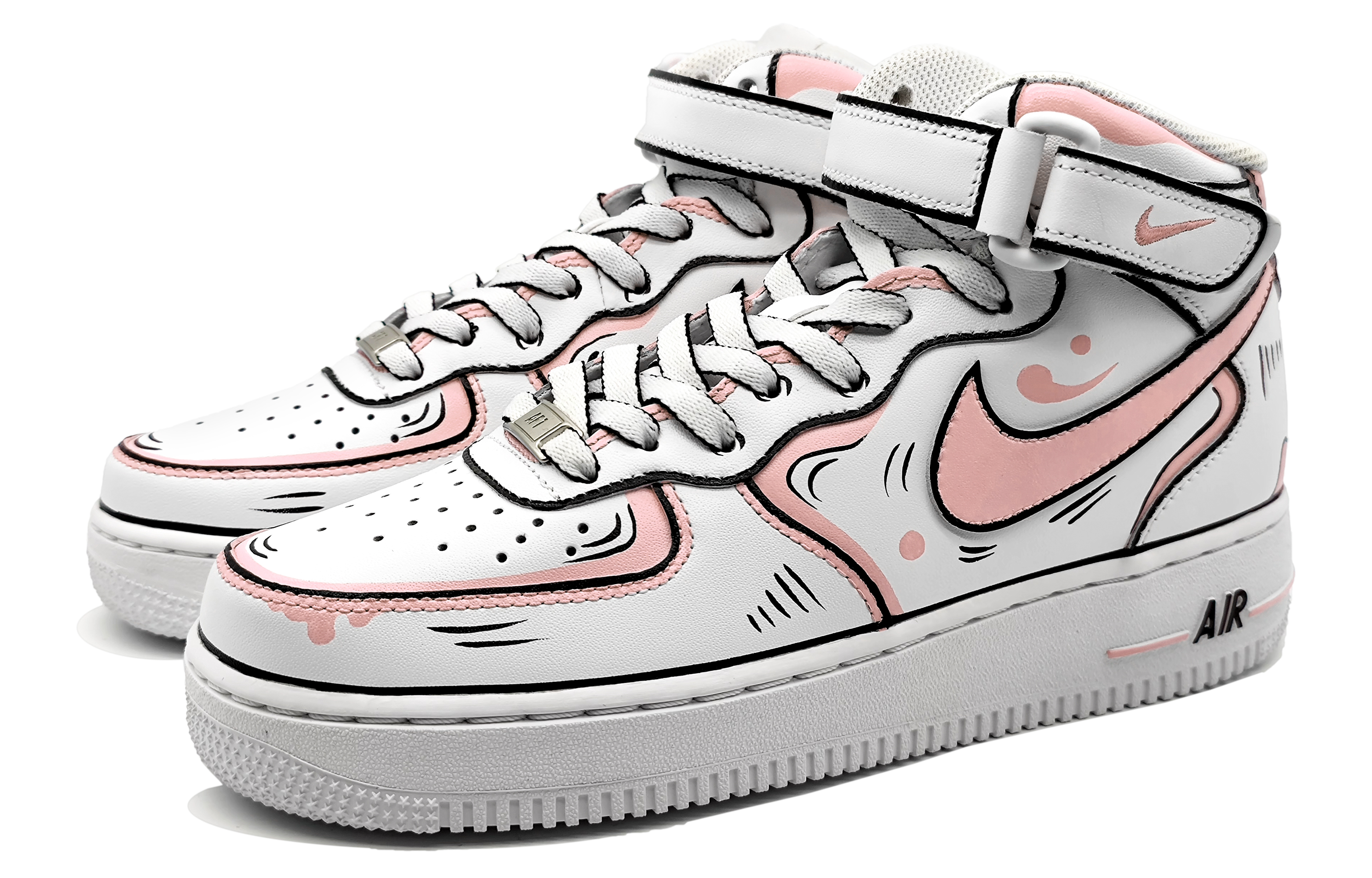 Lookbook ナイキ AF1 ミッド カスタム「ピンク灰スケッチ」 CW2289-111(Team16-男款动感二次元粉灰)