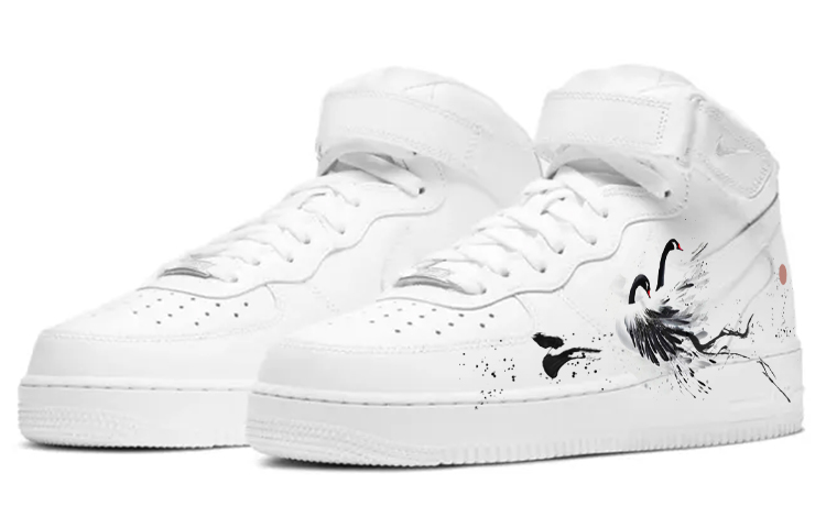 Shop [Sepatu Kustom] Nike Air Force 1 Mid 'Ink Swan - Putih Bersih' CW2289-111(Team10-水墨天鹅)