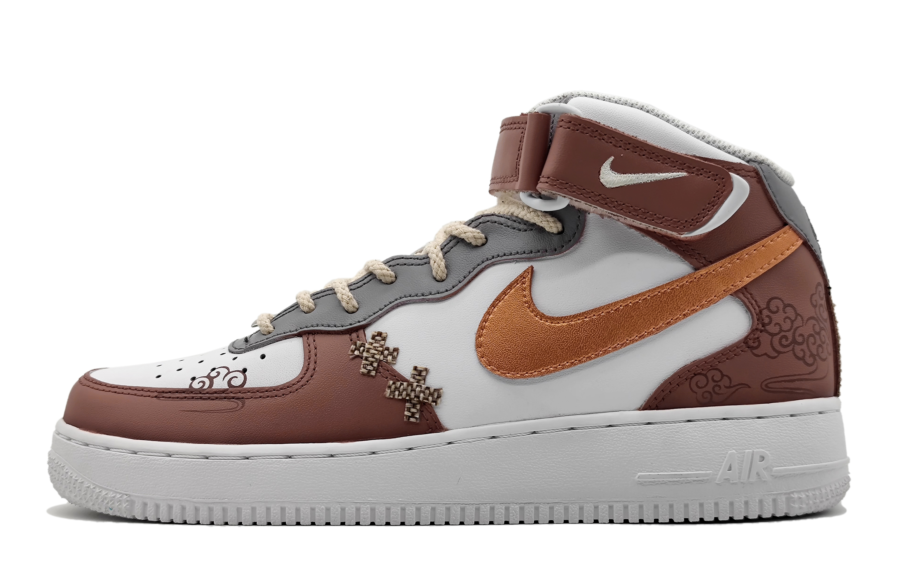 Buy [Sepatu Custom] Nike Air Force 1 Mid 'Rose Gold Swoosh - Cloud Totem' DH2933-111(Team16-女款祥云图腾贴布)