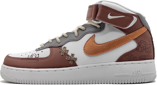 【客製化球鞋】Nike Air Force 1 Mid LE 空軍一號 復古布貼 祥云圖騰 玫瑰金勾 中筒 休閒鞋 GS 紅棕 Buy 【客製化球鞋】Nike Air Force 1 Mid LE 空軍一號 復古布貼 祥云圖騰 玫瑰金勾 中筒 休閒鞋 GS 紅棕