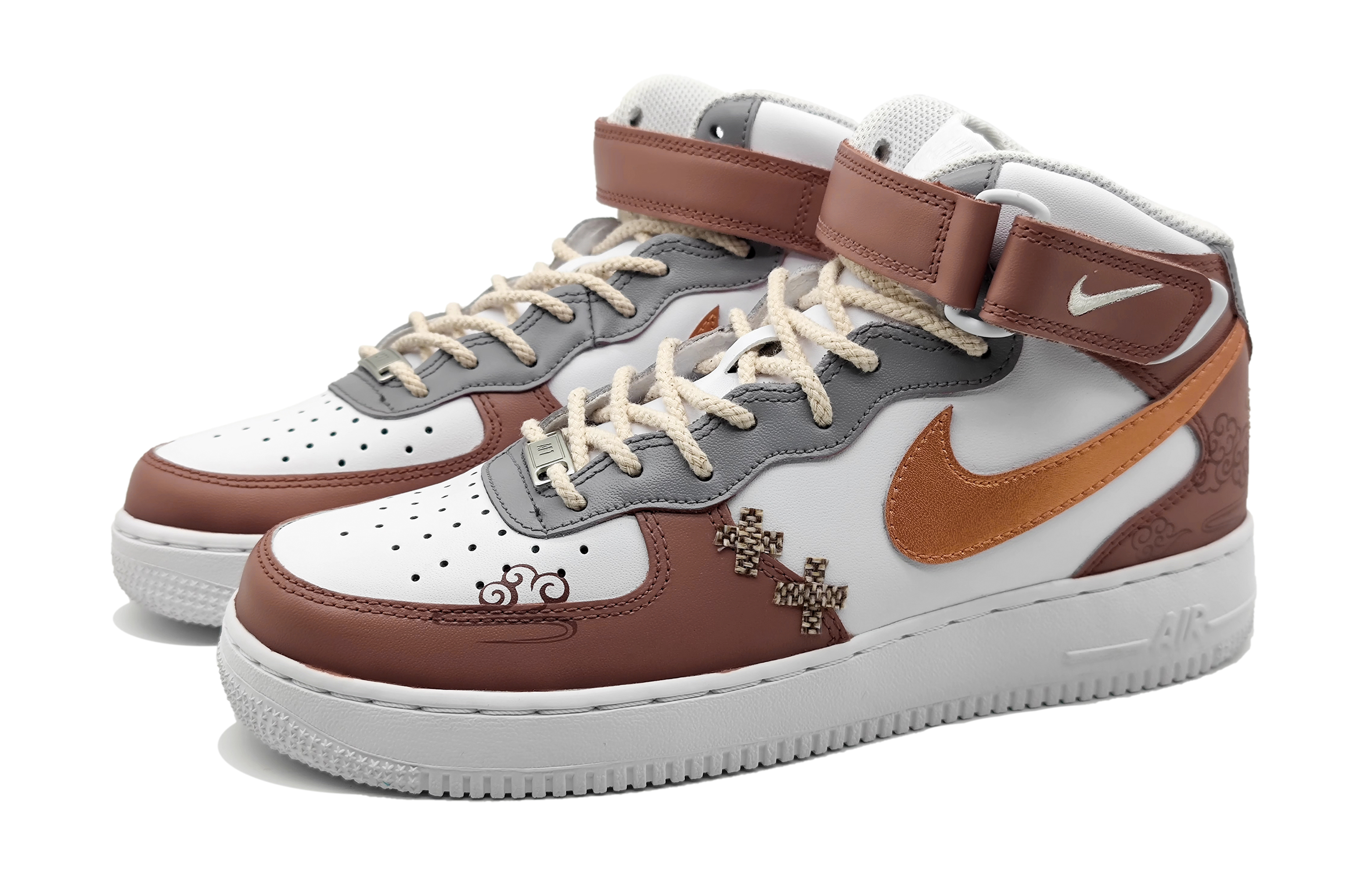 Lookbook [Sepatu Custom] Nike Air Force 1 Mid 'Rose Gold Swoosh - Cloud Totem' DH2933-111(Team16-女款祥云图腾贴布)