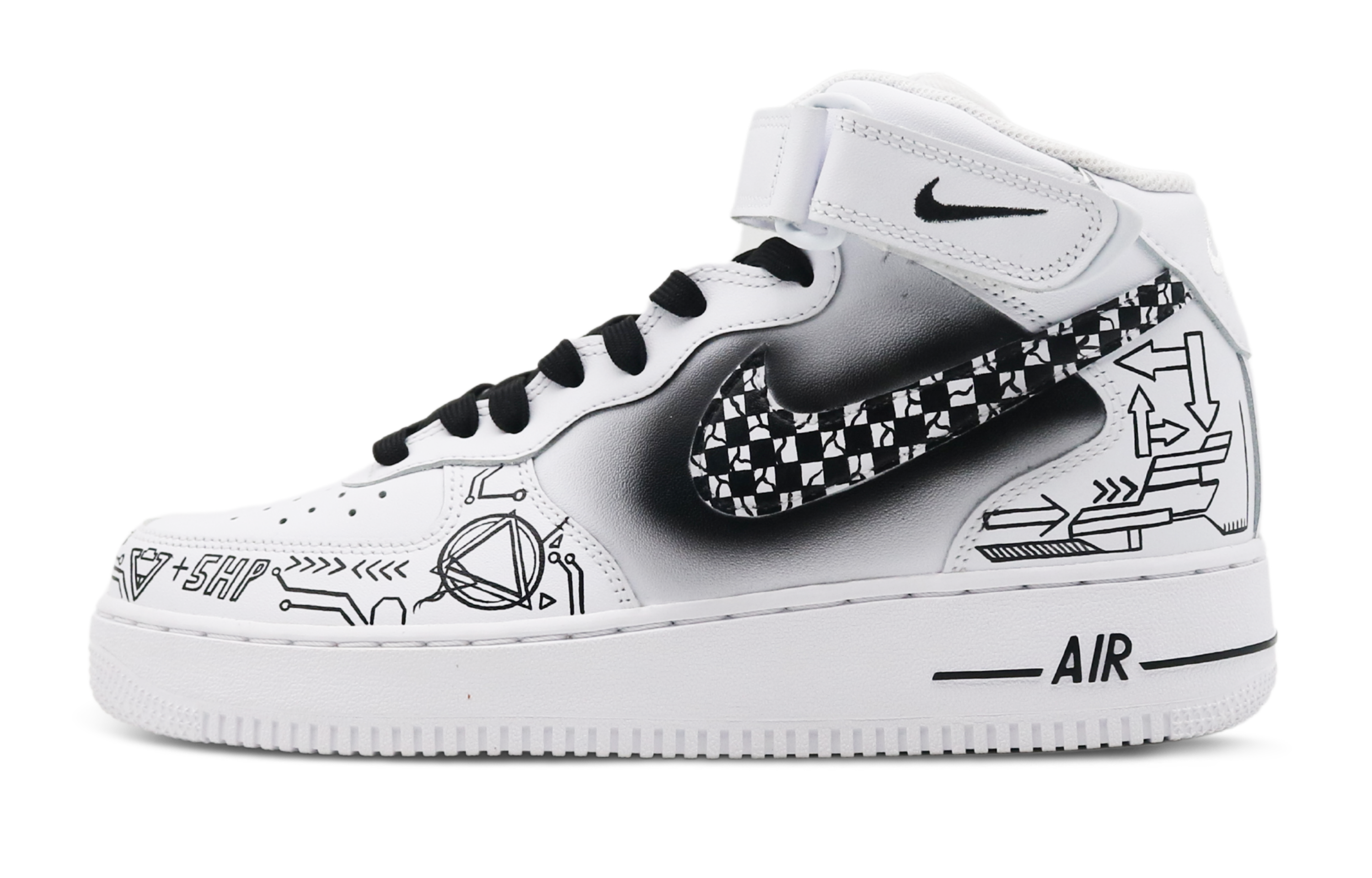 Buy [Nike Sepatu Kustom] Air Force 1 Mid 'Tech Checkerboard Hitam-Putih' CW2289-111(Team8-男款科技风黑白)