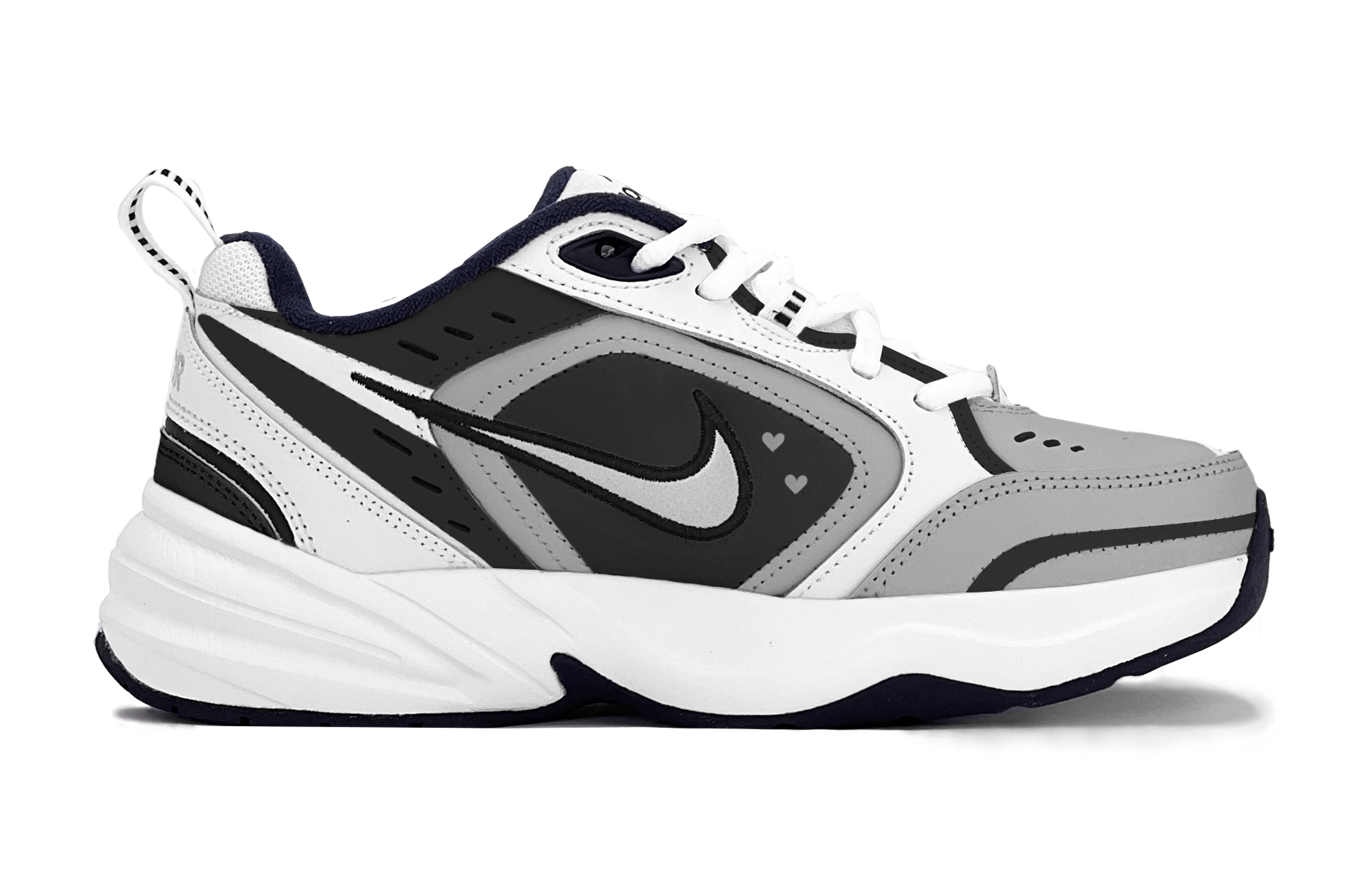 Order [Zapatillas Personalizadas] Nike Air Monarch 4 'Negro Blanco' 415445-102(TeamS-经典黑灰爱心S-BOX)