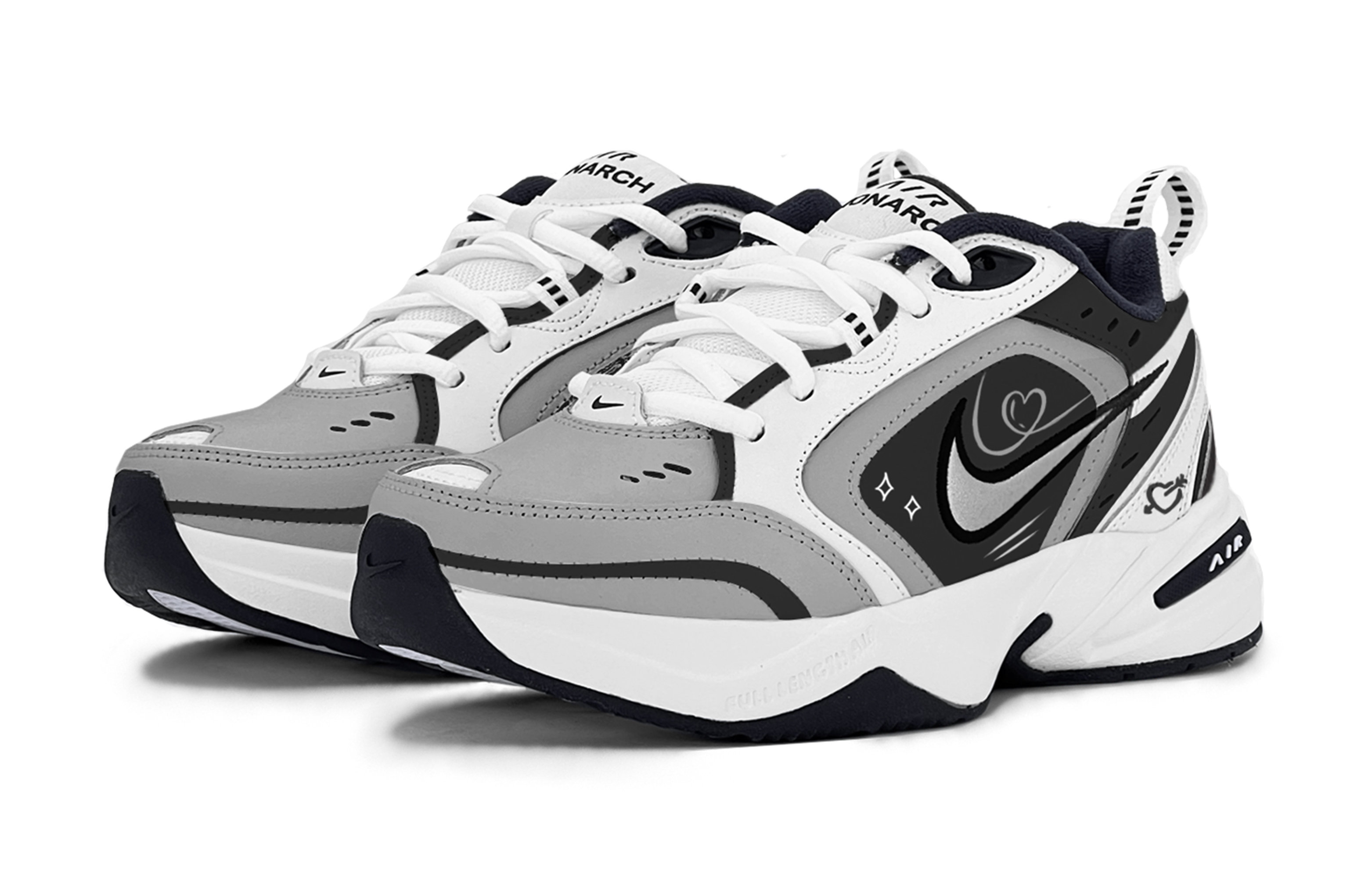 Lookbook [Zapatillas Personalizadas] Nike Air Monarch 4 'Negro Blanco' 415445-102(TeamS-经典黑灰爱心S-BOX)
