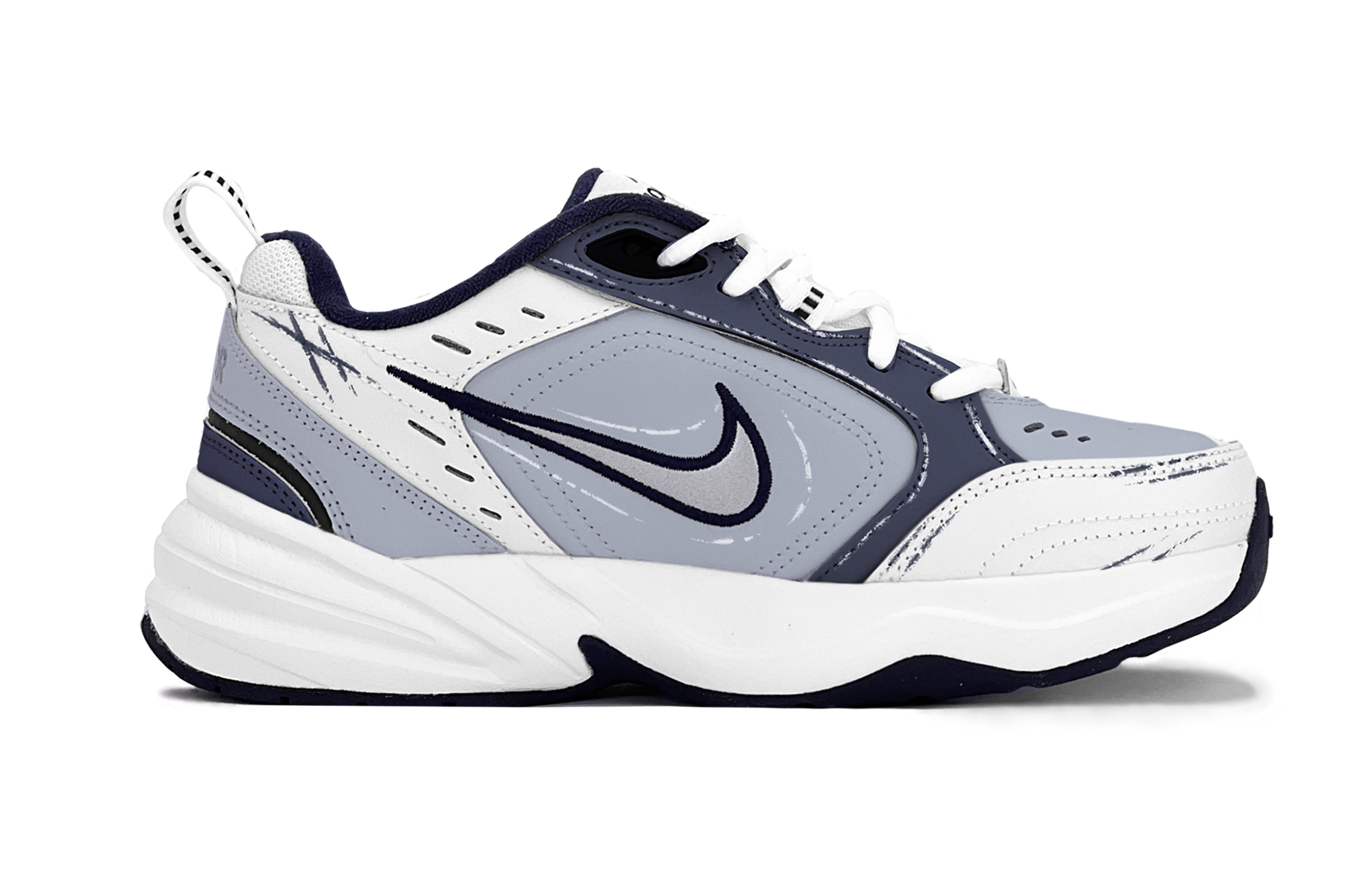 Order [Sepatu Kustom] Nike Air Monarch 4 'Abu-Biru Morandi' 415445-102(TeamS-蓝白勾边涂鸦S-BOX)