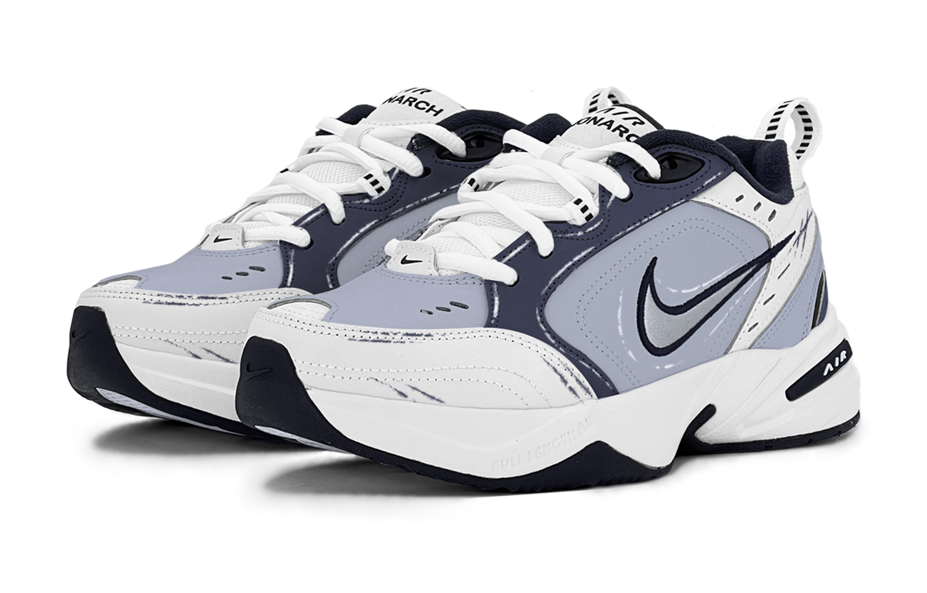 Lookbook [Sepatu Kustom] Nike Air Monarch 4 'Abu-Biru Morandi' 415445-102(TeamS-蓝白勾边涂鸦S-BOX)