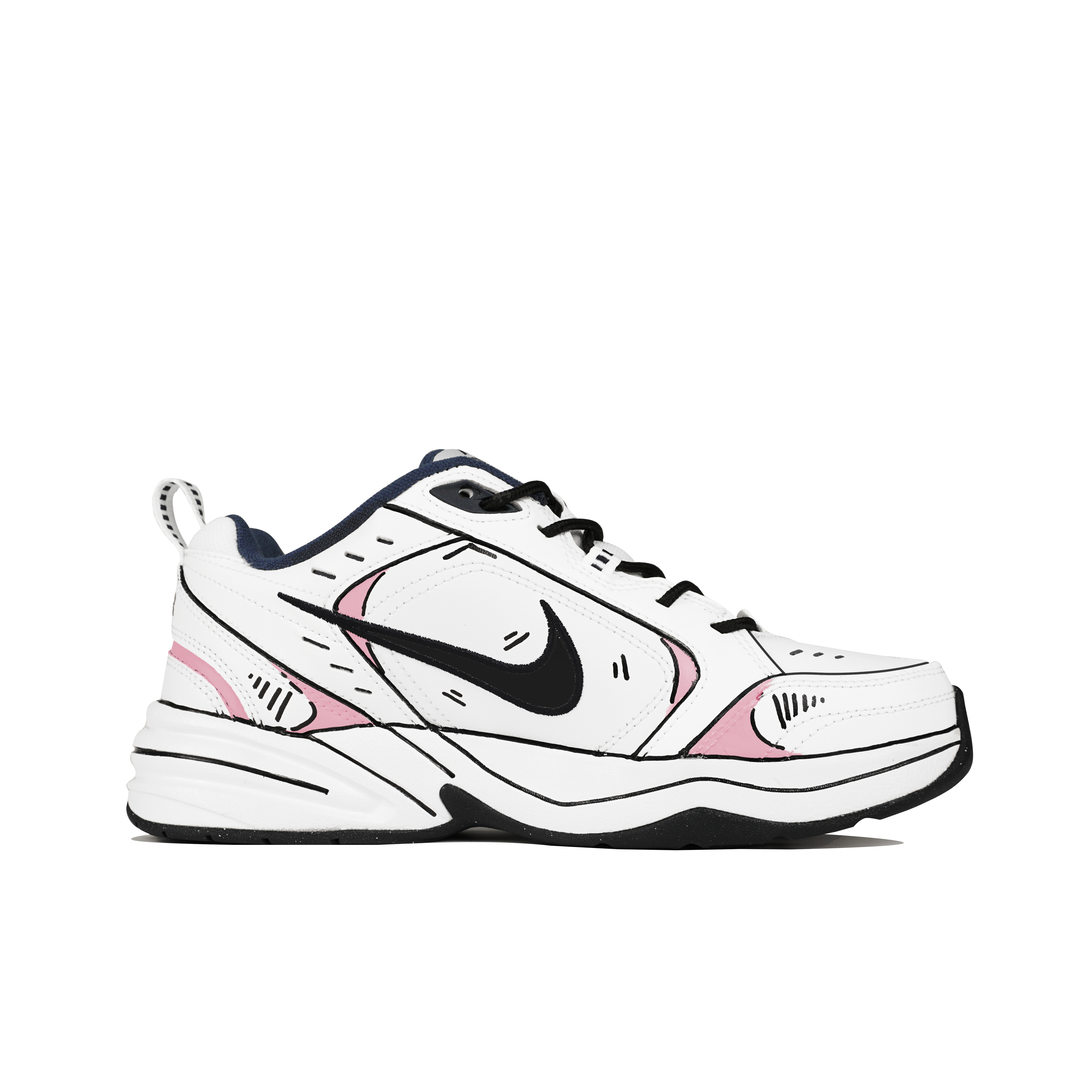 Lookbook 【訂製球鞋】Nike Air Monarch 4 玖制 皮革 漫畫少年草莓糖果二次元凌亂線條 手繪潮流復古 防滑耐磨 低筒 老爹鞋 男女同款 白粉
