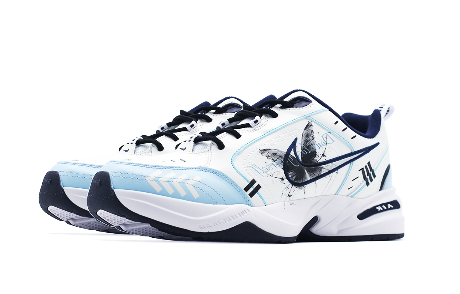 Shop 【訂製球鞋】Nike Air Monarch 4 破繭成蝶 合成皮 復古 經典 街頭風潮 運動 防滑耐磨增高 低筒 老爹鞋 男女款 白藍