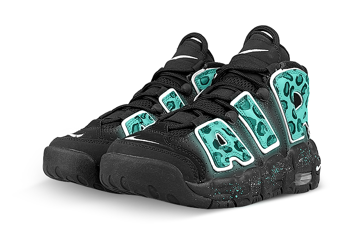 Lookbook 【定制球鞋】Nike Air More Uptempo 是在玩鞋 禮盒 金錢豹 潑墨 暈染 高幫 復古籃球鞋 GS 黑綠