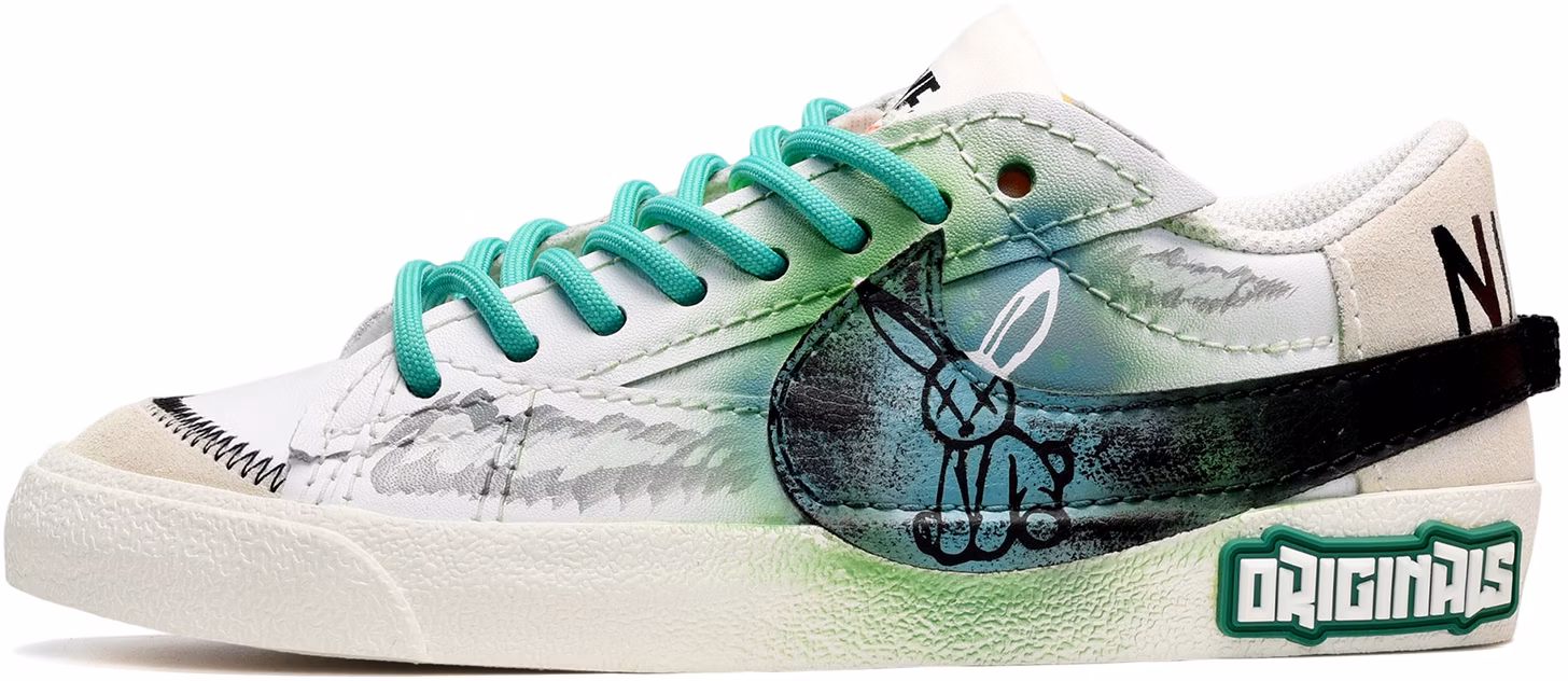 custom-shoes-nike-blazer-low-white-black-green-splatter-graffiti-rabbit