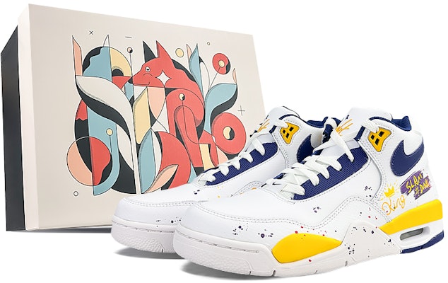 【訂製籃球鞋】 Nike 球場精靈 湖人塗鴉 禮盒 經典復古 耐磨 复古籃球鞋 男款 白藍黃 Buy 【訂製籃球鞋】 Nike 球場精靈 湖人塗鴉 禮盒 經典復古 耐磨 复古籃球鞋 男款 白藍黃