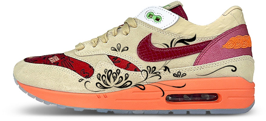 【定制球鞋】CLOT x Nike Air Max 1 死亡之吻 玩鞋 蓮花 布貼 低幫 跑步鞋 男女同款 棕紅 Buy 【定制球鞋】CLOT x Nike Air Max 1 死亡之吻 玩鞋 蓮花 布貼 低幫 跑步鞋 男女同款 棕紅