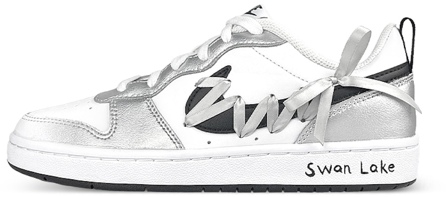 【訂製球鞋】 Nike Court Borough 2 銀色亮面 芭蕾風 絲綢綁帶 天鵝湖 低筒 板鞋 GS 黑白灰 Buy 【訂製球鞋】 Nike Court Borough 2 銀色亮面 芭蕾風 絲綢綁帶 天鵝湖 低筒 板鞋 GS 黑白灰