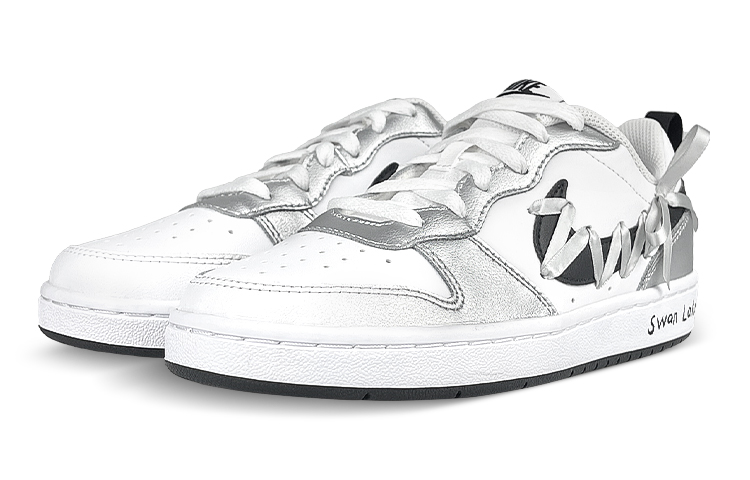 Lookbook 【訂製球鞋】 Nike Court Borough 2 銀色亮面 芭蕾風 絲綢綁帶 天鵝湖 低筒 板鞋 GS 黑白灰