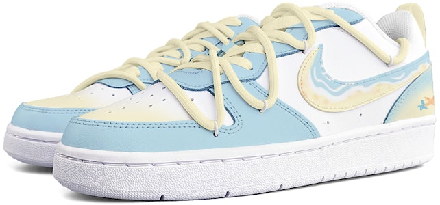 【客製化球鞋】 Nike Court Borough Low 2 沙灘與海浪 清新 手繪 解構鞋帶 低筒 板鞋 GS 黃藍 Lookbook 【客製化球鞋】 Nike Court Borough Low 2 沙灘與海浪 清新 手繪 解構鞋帶 低筒 板鞋 GS 黃藍