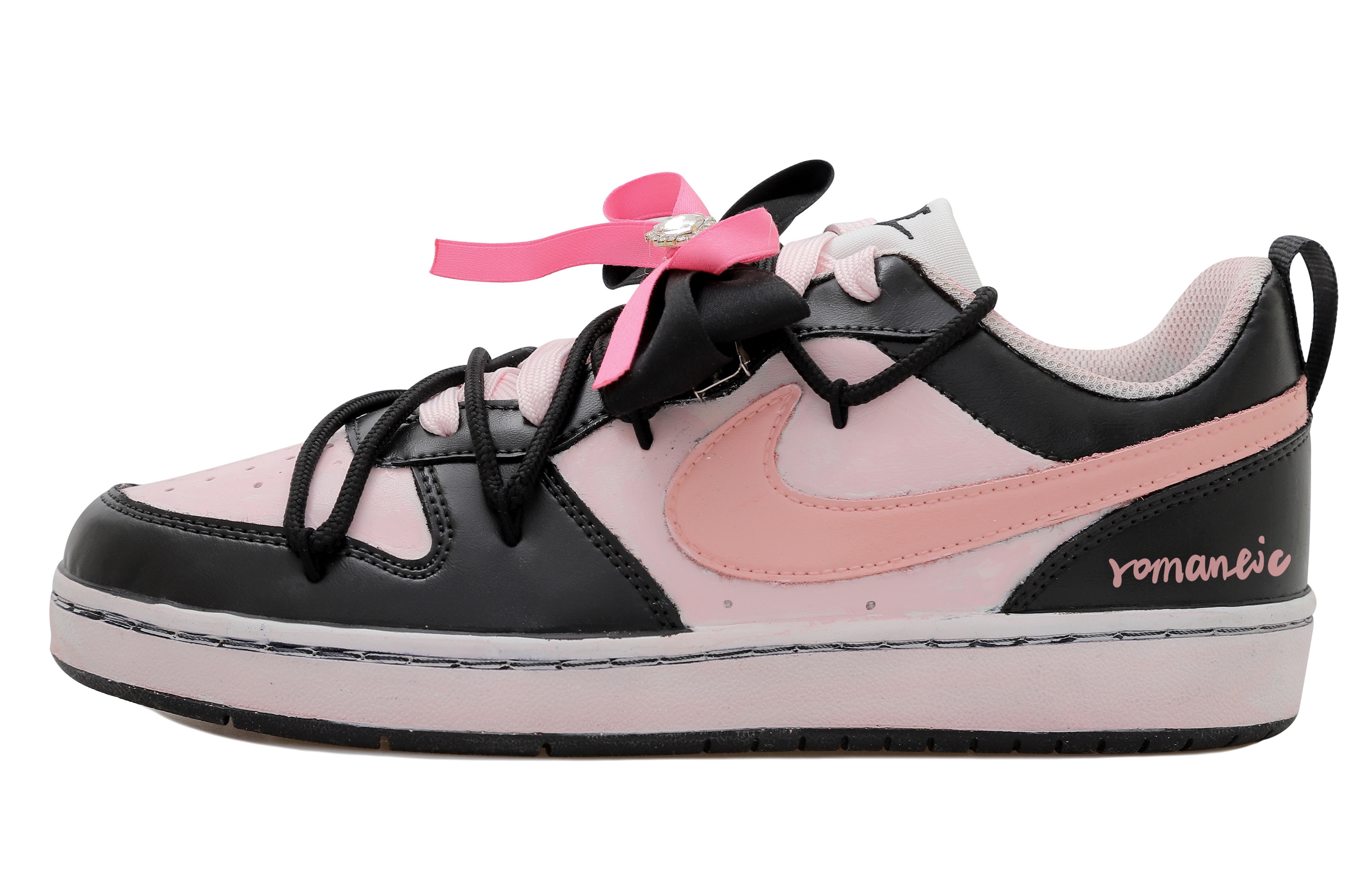 [Custom Shoes] Nike Court Borough Low 2 'Black Pink Bow - Distressed'