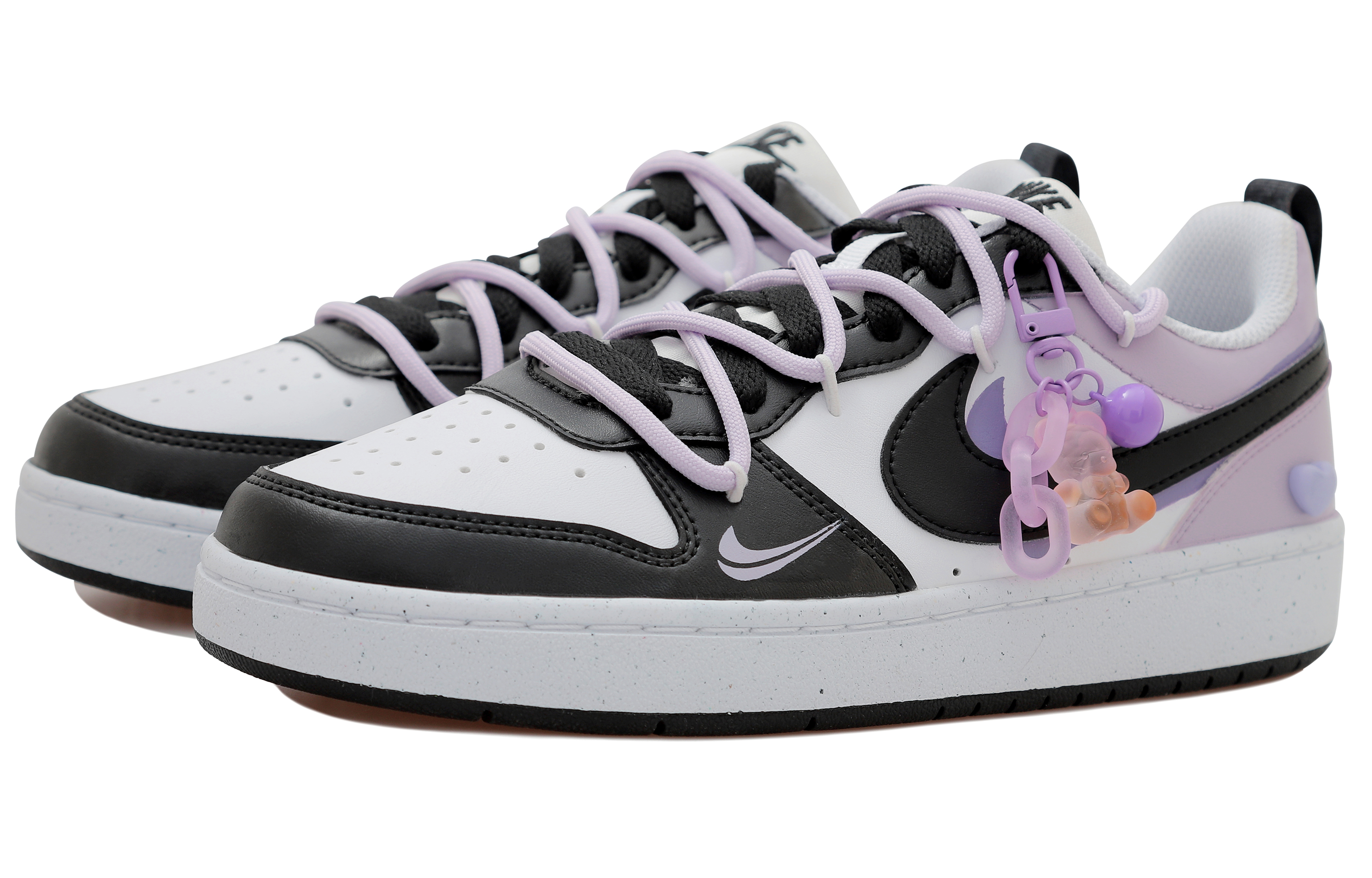 Lookbook 【定制球鞋】 Nike Court Borough Low 2 OKHR 愛心 雙鉤 小熊吊飾 解構鞋帶 防滑 低筒 板鞋 GS 黑紫
