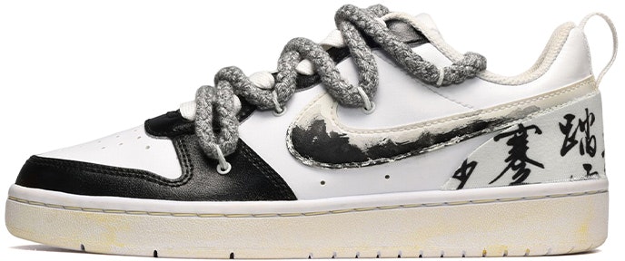 custom-shoes-nike-court-borough-low-2-black-white-ink-wash-calligraphy-patch