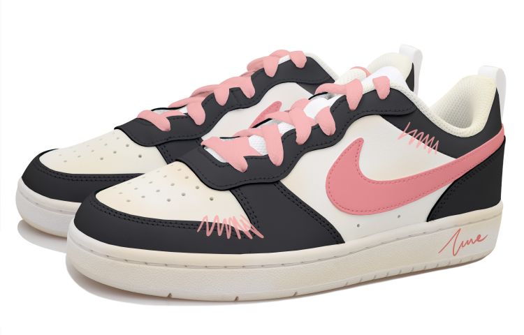 Shop [定制鞋] 耐克 Court Borough Low 2 '黑白粉' BQ5448-100(Team拾玖-做旧黑粉勾S-BOX)