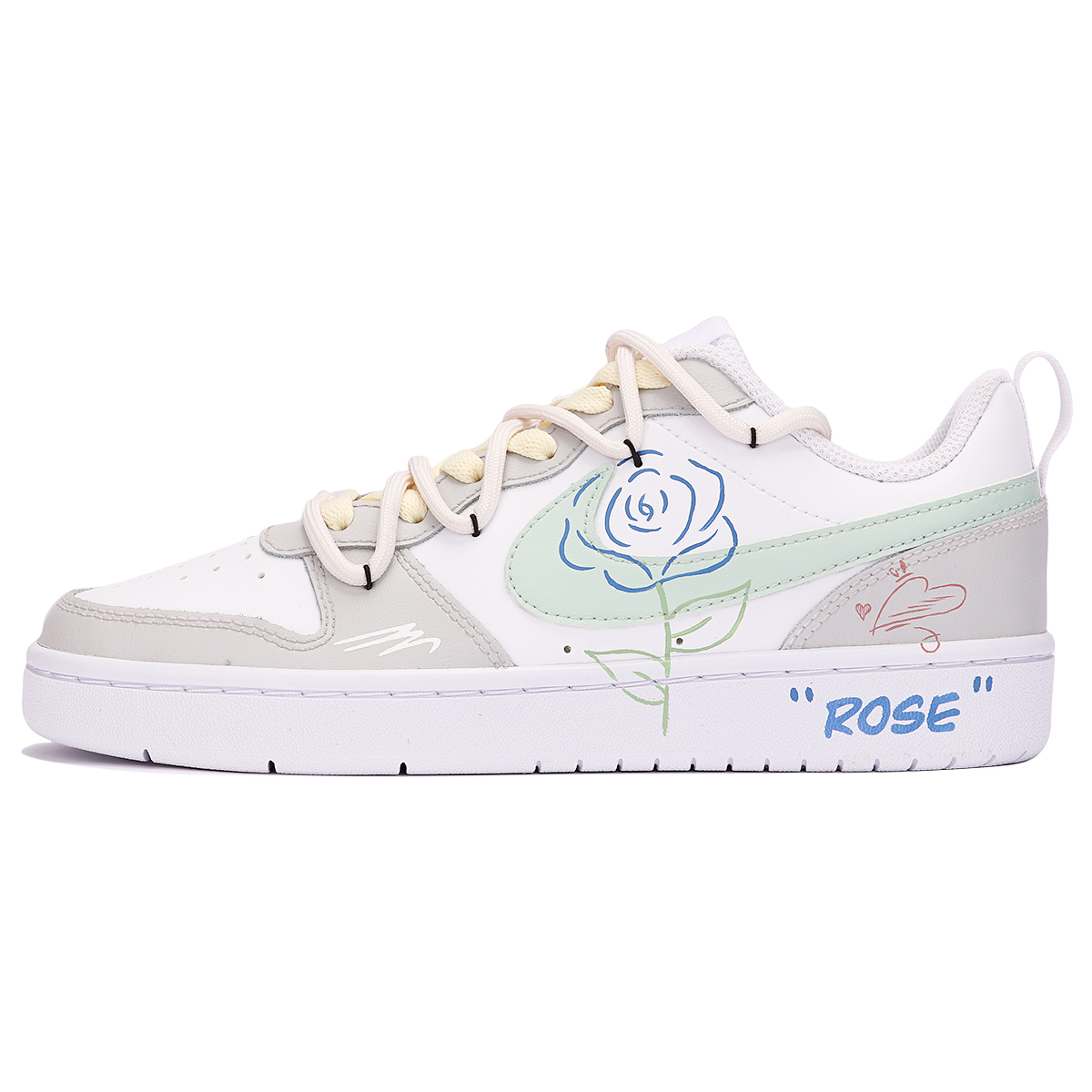 Buy [定制鞋款] Nike Court Borough Low 2 '蓝玫瑰涂鸦' BQ5448-100(TeamThree-女款蓝玫瑰-白灰)